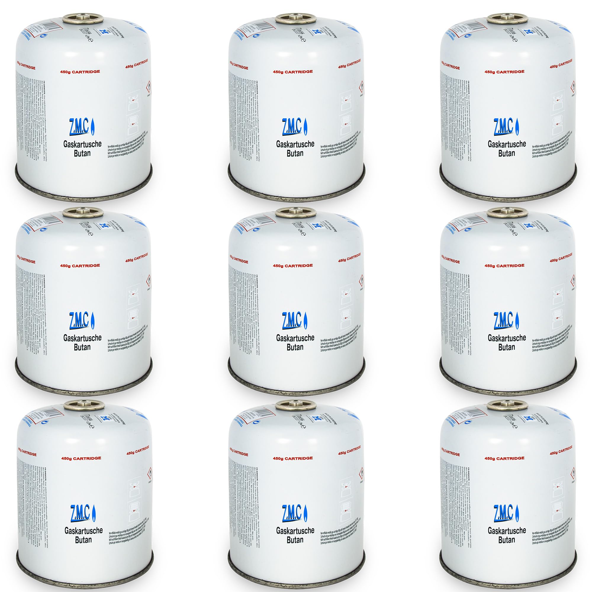 Z.M.C 9X Gaskartuschen 450g Propan Butan Schraubkartusche Eurogewinde | 900ml EN417 für Campingkocher, Unkrautbrenner, Gasgrill, Lötbrenner & Abflammgerät – kältebeständig