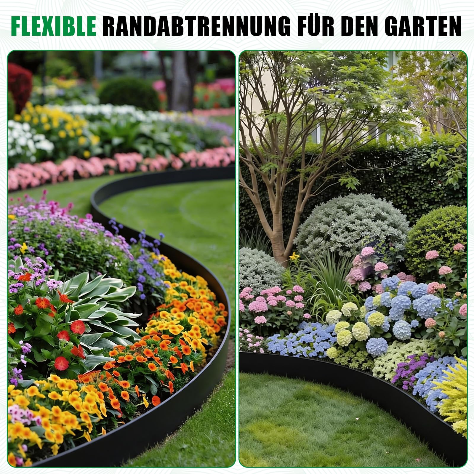 20m Flexible Rasenkante Kunststoff 10cm hoch mit 200 Erdankern – Wetterbeständige Beetumrandung, Beeteinfassung, Rasenabgrenzung für Blumenbeete, Rasen, Einfahrten | Schwarze Gartenkante