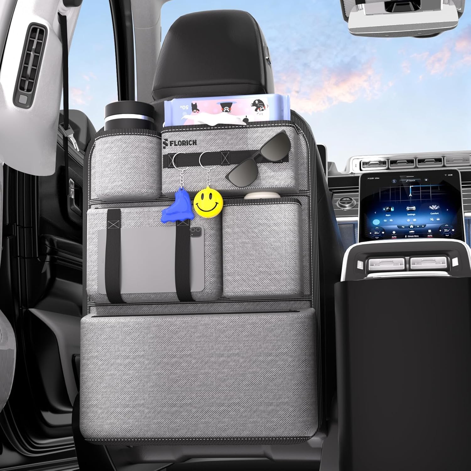 FLORICH Autositz Organizer PU-Beschichteter Rückenlehnenschutz Mehrfach Organizer Auto Kinder Viele Taschen Multifunktional Wasserdicht Universal passend für Autofahrten mit Kindern (Grau, 1 Stück)