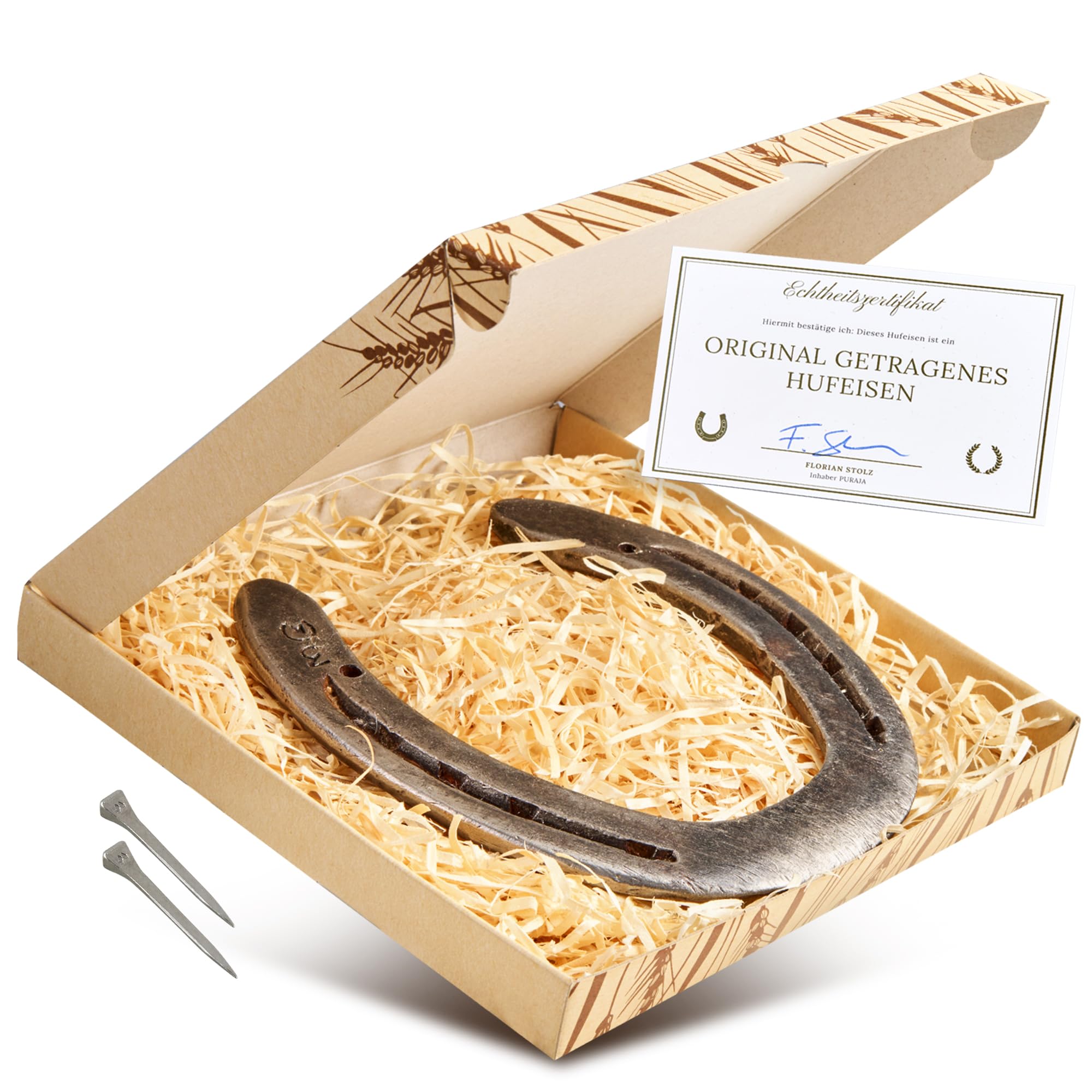 PURAJA Horseshoe Gift | Real Worn Horseshoe | Lucky Charm for Birthday, Housewarming, Topping Party, Wedding, Christening or Birth | Original Includes Certificate of Authenticity