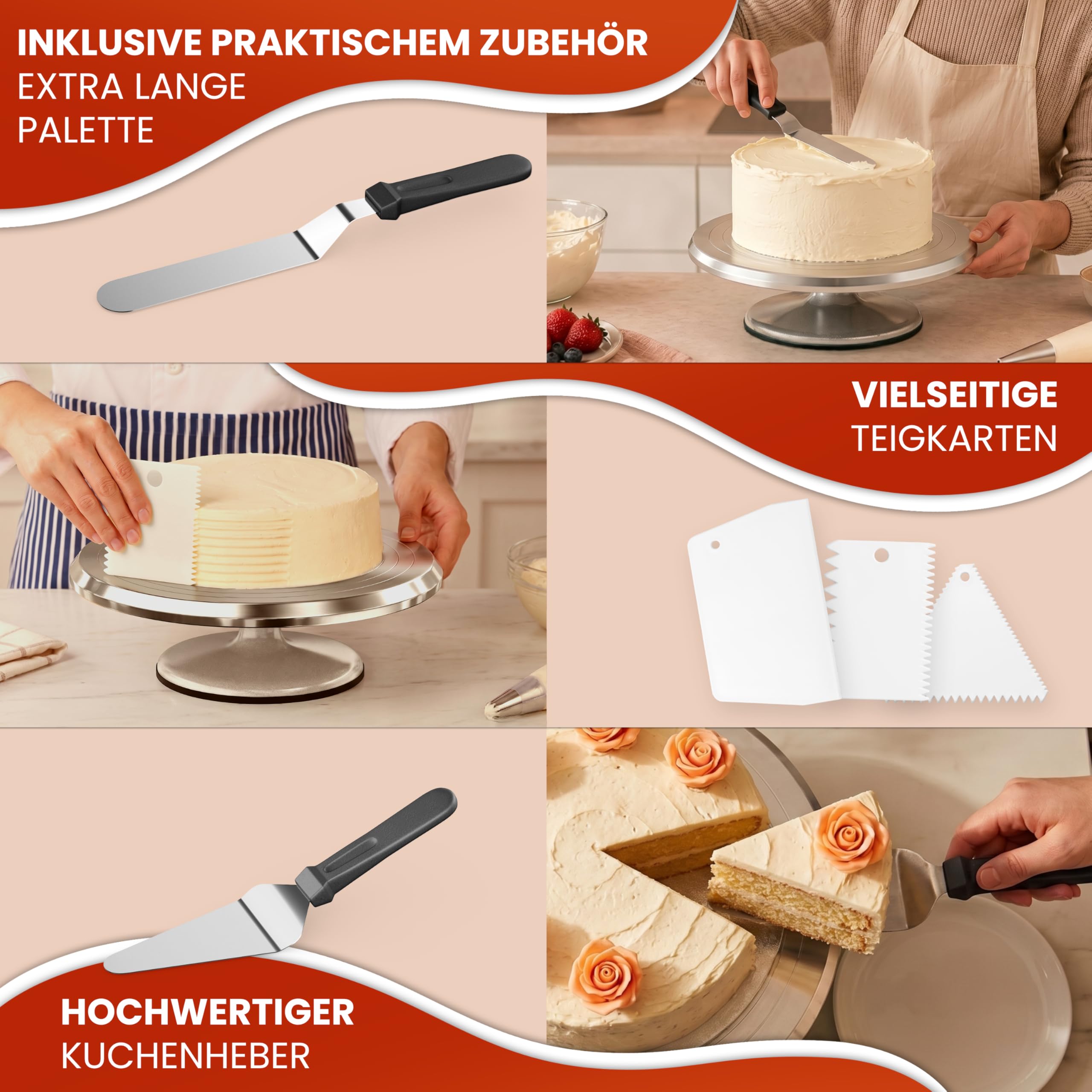 Profi Drehteller Torte (Set) – 30 cm Aluminium Tortendrehteller mit Antirutschboden inkl. 2 Winkelpalette & 3 Teigschaber aus Edelstahl | Stabile drehbare Tortenplatte mit Tortenzubehör