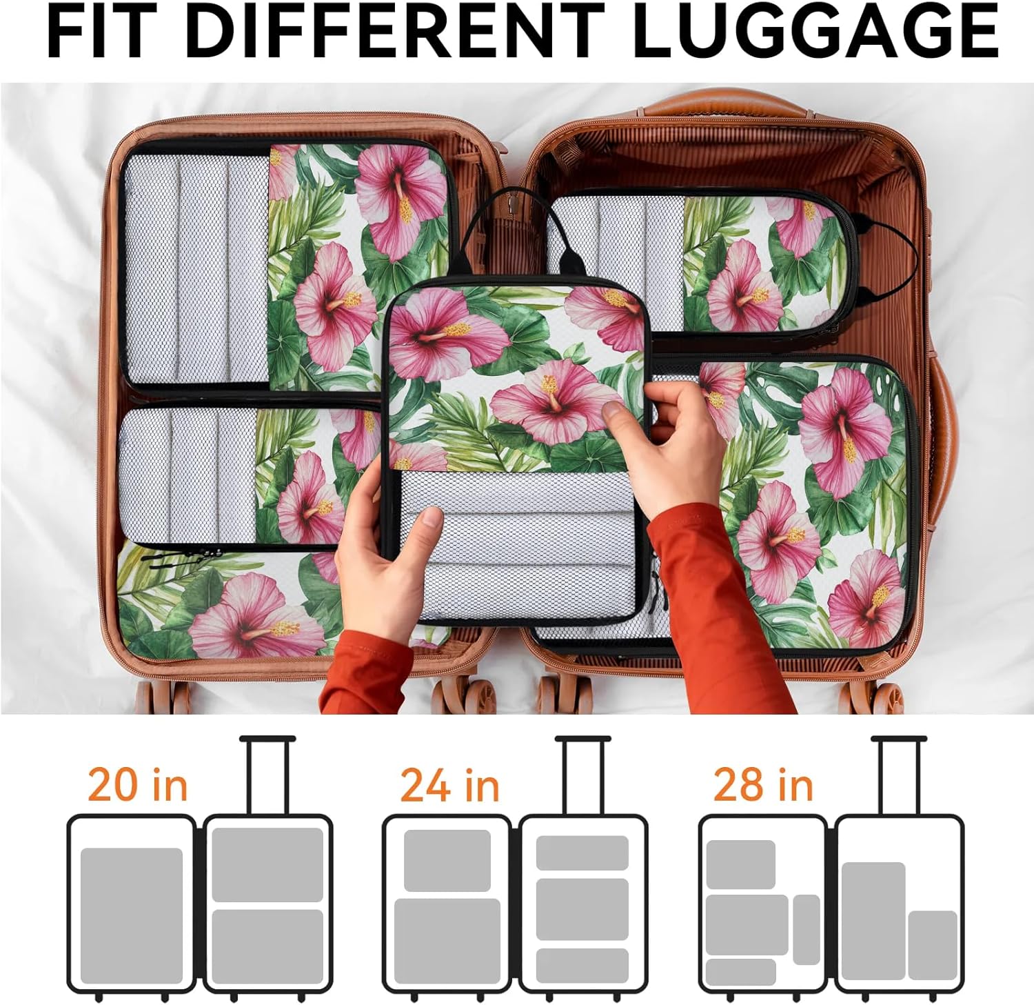 Floral Tropical 6 Set Compression Packing Cubes for Travel Luggage Carry On Suitcase Compressible Expandable Packing Cubes Organizers Bag