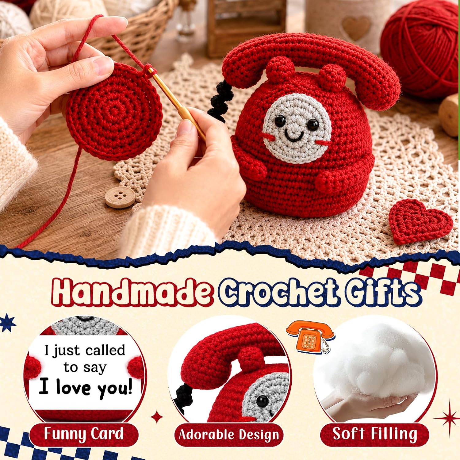 Belatelove Romantic Gifts for Girlfriend Boyfriend Wife Husband, Cute Handmade Crochet Telephone I Love You Gift for Him Her, Anniversary Birthday Present Desk Decor