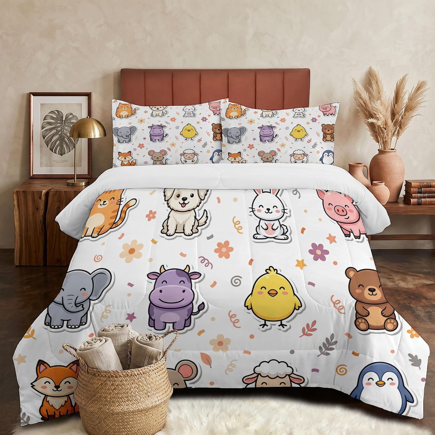 Cute Animals Comforter Set King Size, Geometric Elephant Rabbit Bedding Set for Girls Boys, Off White Quilt Bed 104"X90" Bedding Comforter Sets with 2 Pillowcase Room Decor