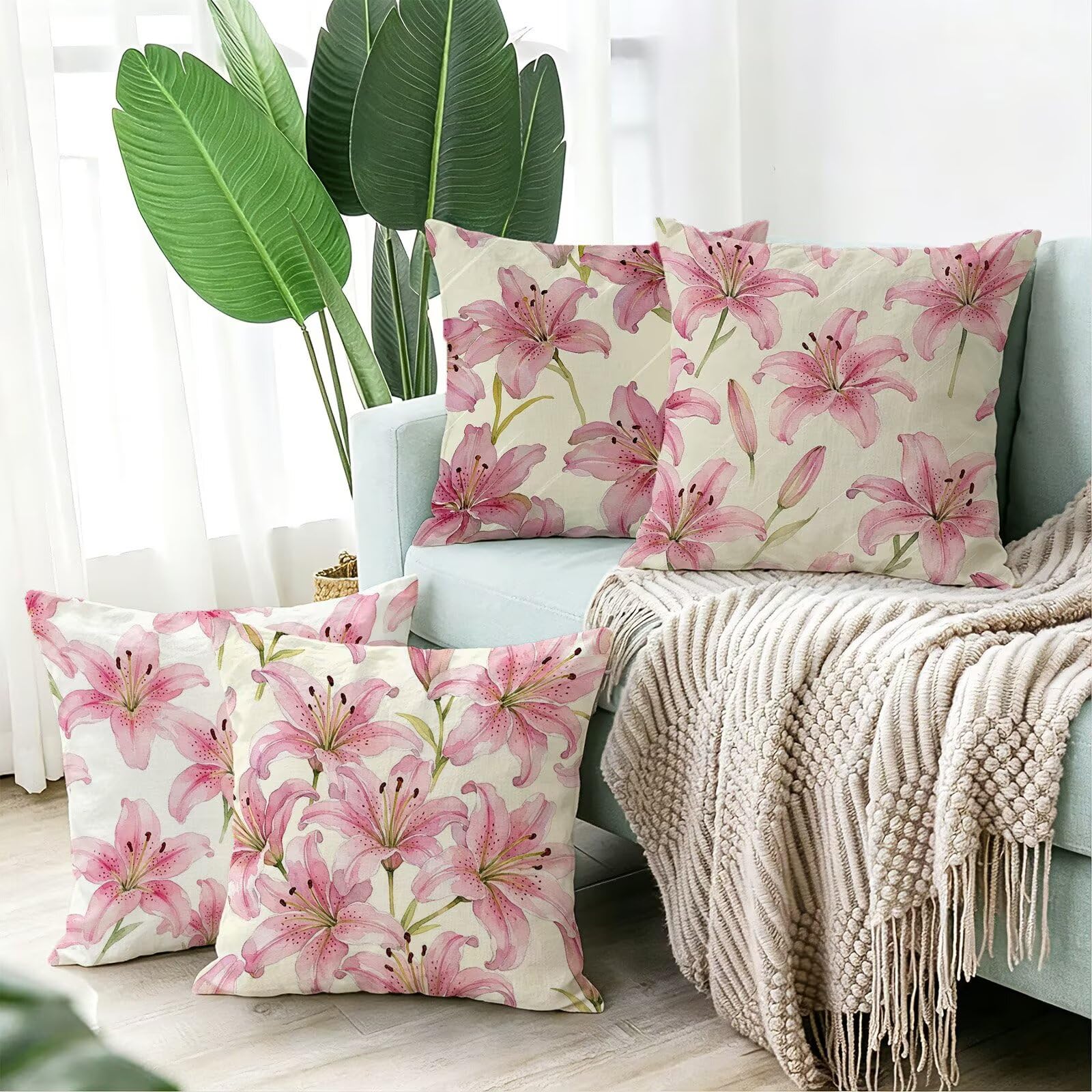 Rosa Federe Cuscini Divano 65x65cm, Cuscini da Esterno Set de 4, Cod-112 | Velour Copricuscini Decorativi Letto Arredo, per Letto, Soggiorno, Giardino, Esterno, Casa Decorazione Set di 4 Fiore