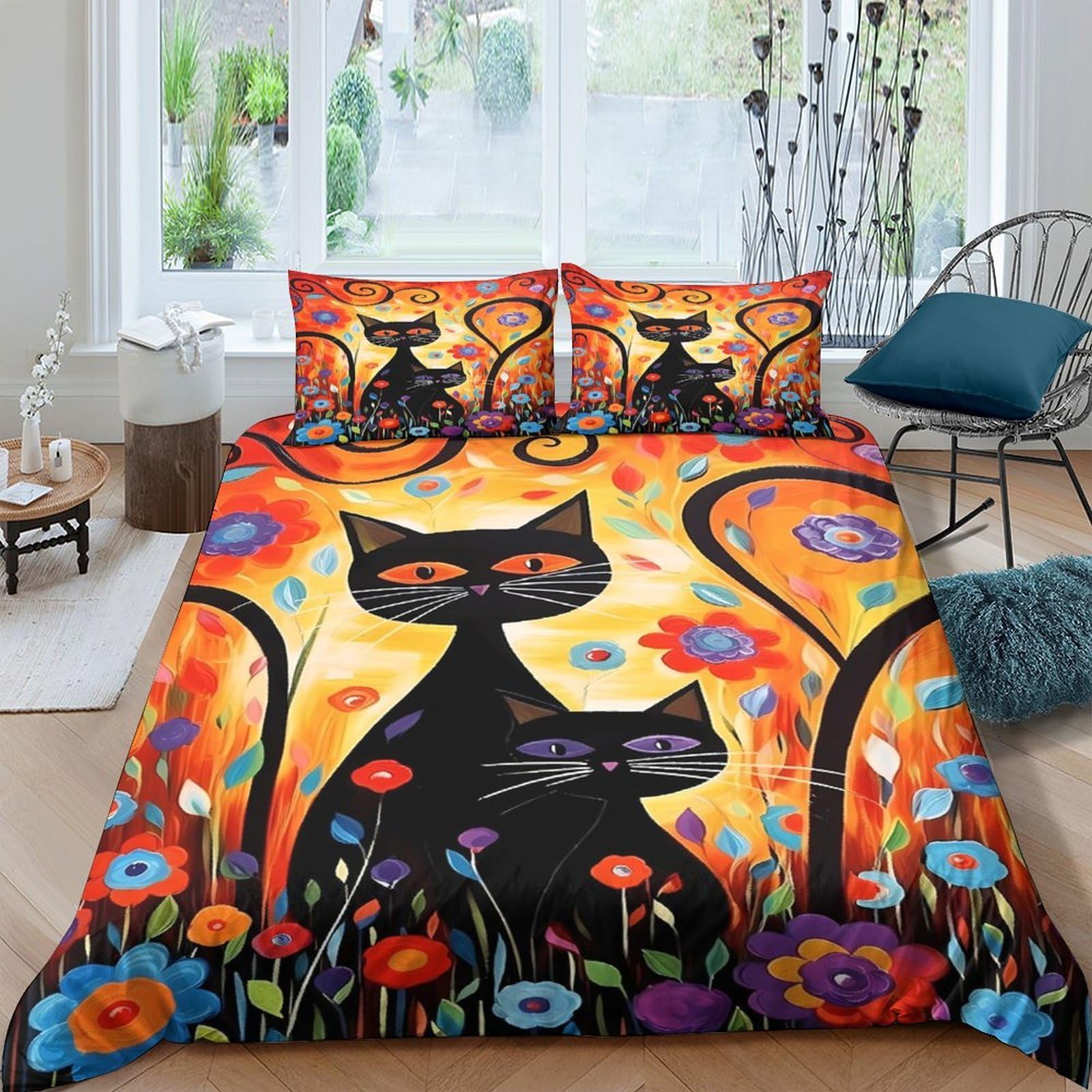Ctjqhvkz Style-6 3D Printed Black Cat Fitted Sheet Microfiber Vibrant Floral Bed Cover Art For Bedroom Dorm Mattress Protection Single（135X200cm）