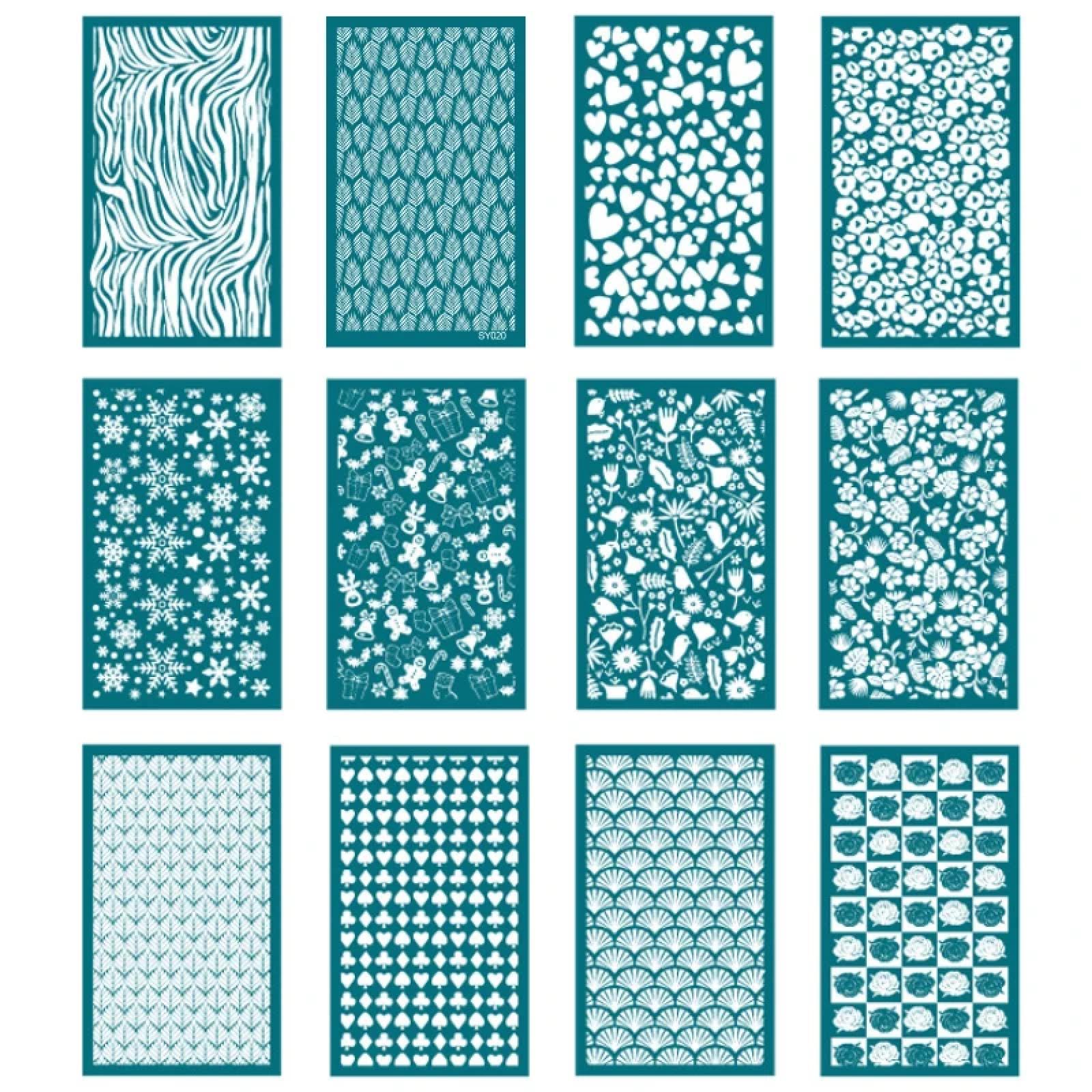 MANGOUSONG Screen Printing Kit,9x15cm Heart Flower Spike Pattern Silk Screen Stencils for Polymer Clay Line Art Reusable Mesh Transfer Printing Earring Jewelry Making Style 5