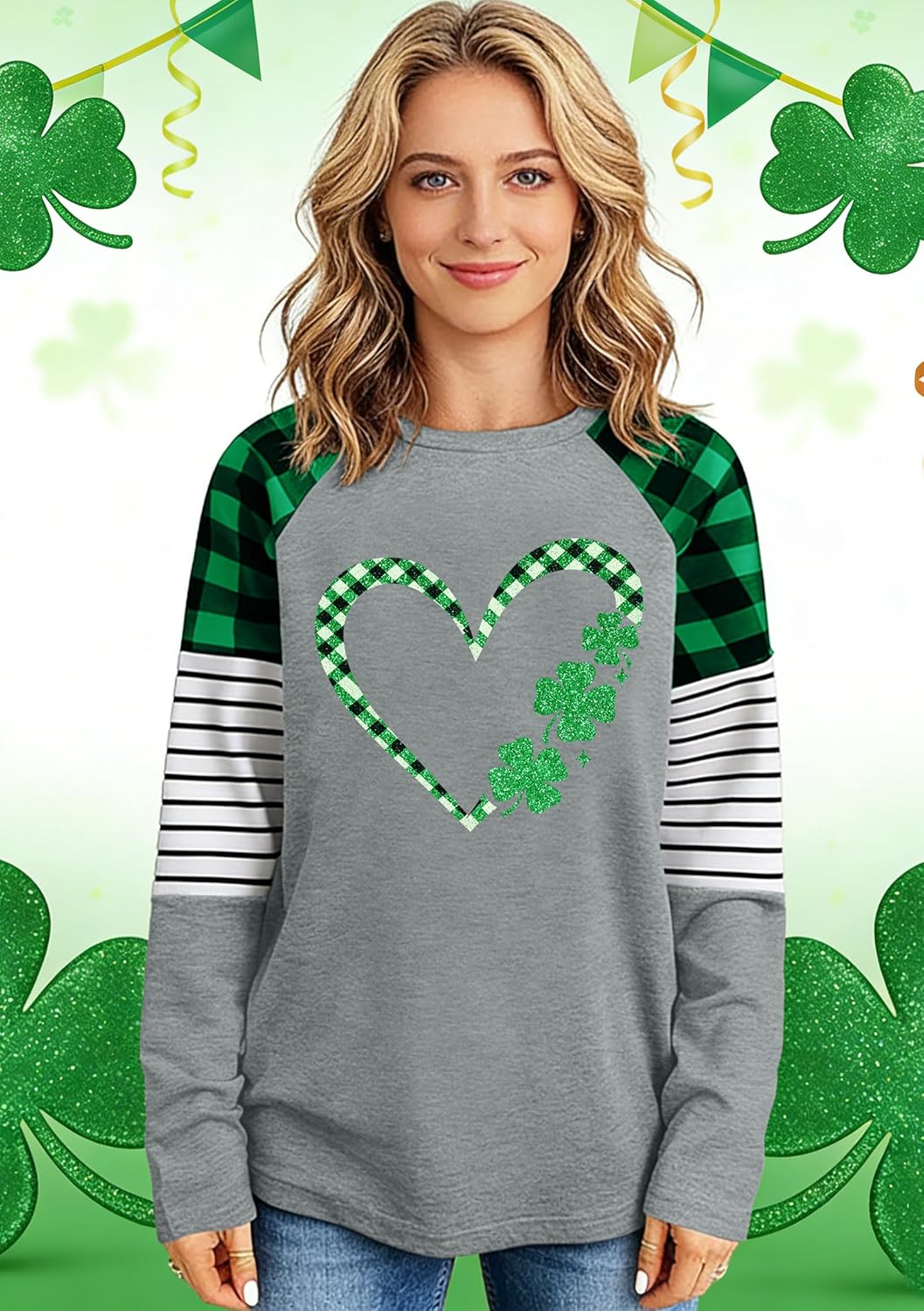 Women's St. Patrick's Day Shirt: Shamrock Heart T Shirts Lucky Tops Plaid Raglan Long Sleeve Tshirt - Image 5