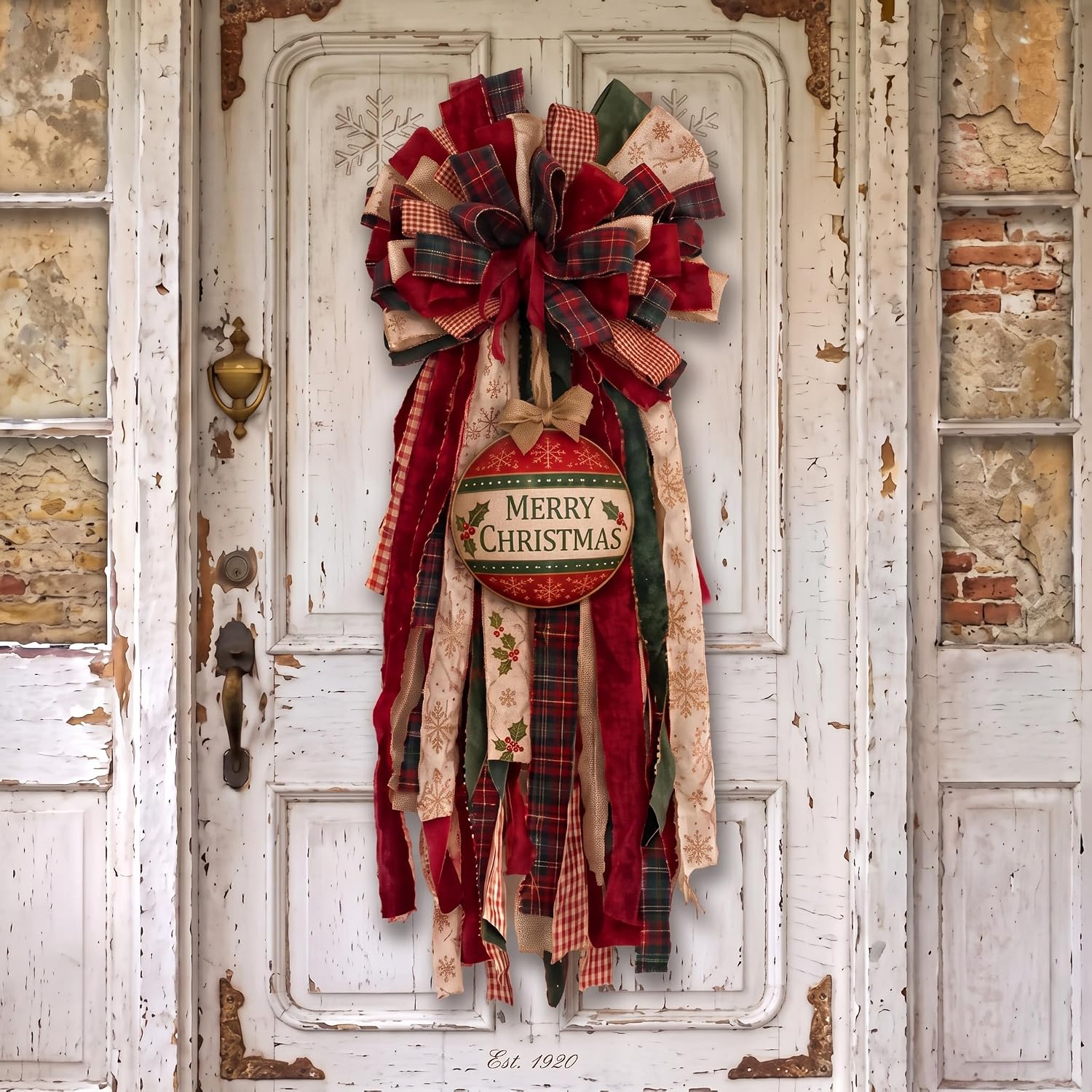 Dingion Christmas Wreath Bow Plaid Swag Rustic Bell Tassel for Front Door