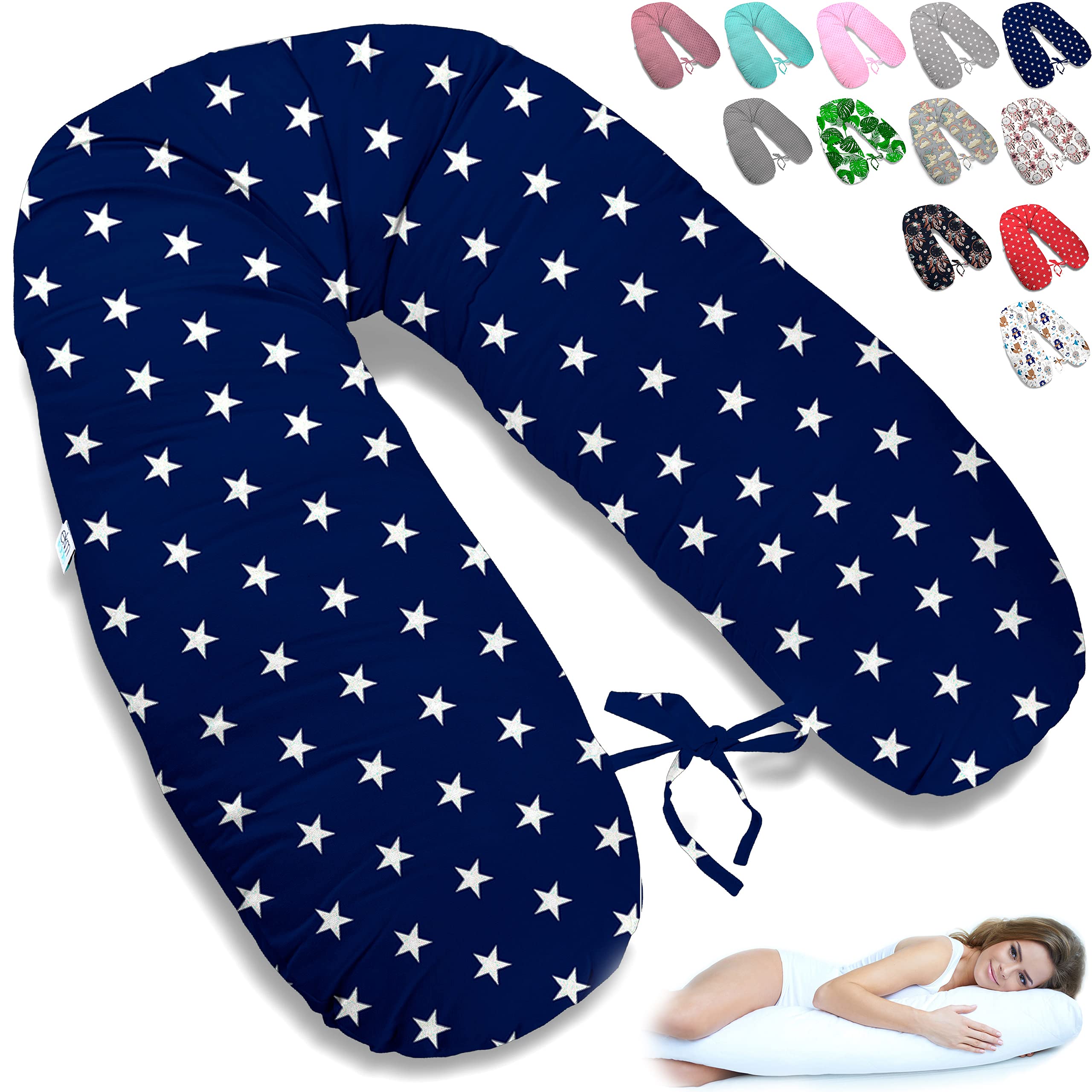 ekm trade 170cm XXL Stillkissen Schwangerschaftskissen Lagerungskissen Seitenschläferkissen große Farbwahl Handmade Baumwolle 100% aus Zertifizierte Materialien (3 – Marineblau – Weiße Sterne)