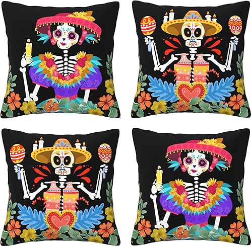 4 fundas de almohada mexicanas del Día de los Muertos, fundas de almohada con diseño de acuarela floral de calavera de azúcar, funda de cojín
