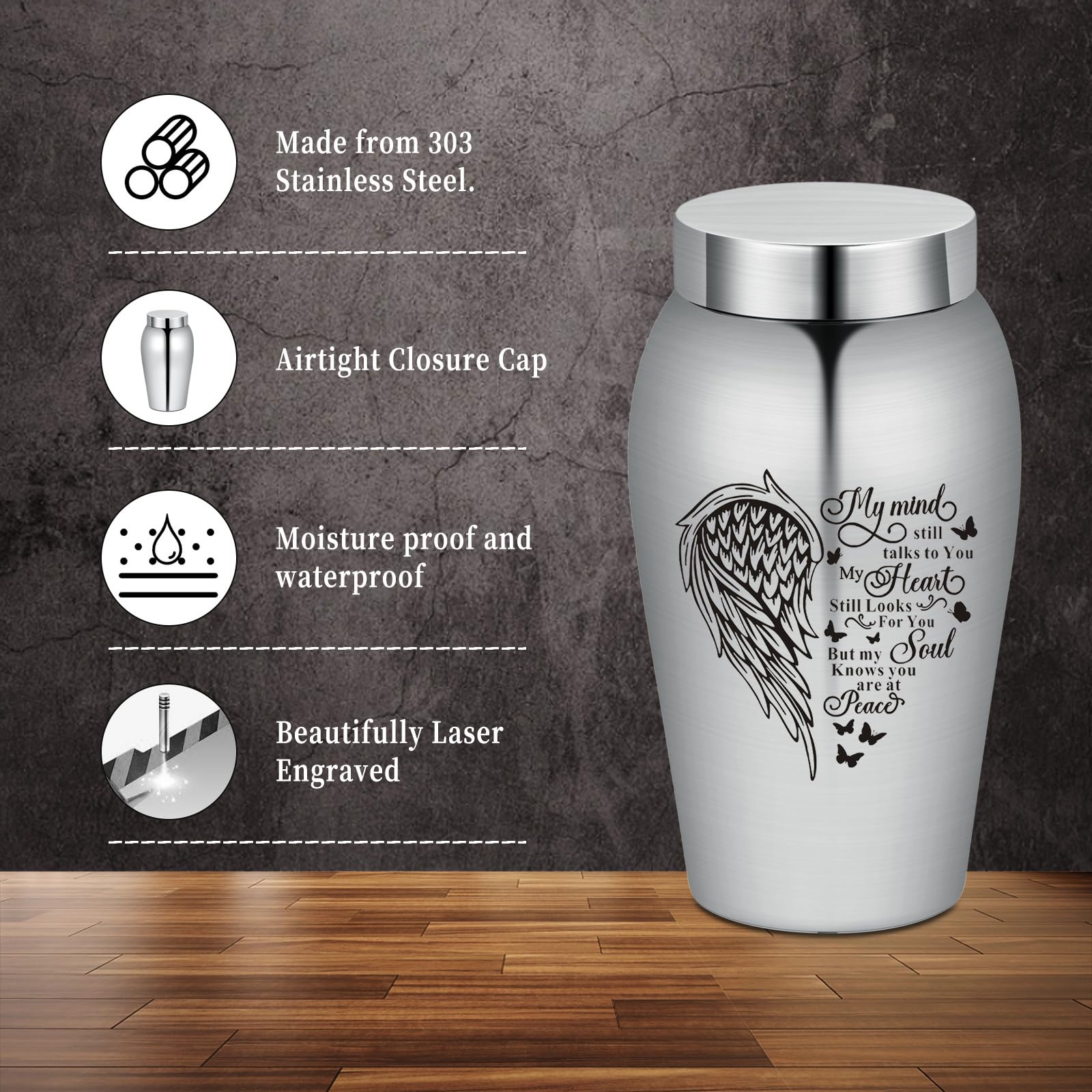 Urna de acero inoxidable con forma de corazón de ala pulida para cenizas de cremación (corazón de ala)
