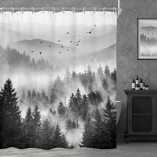 Miniatura 7 de Riyidecor Cortina de ducha de montaña verde rústica para baño, paisaje de bosque, paisaje, tela impermeable, paisaje alpino, decoración de baño