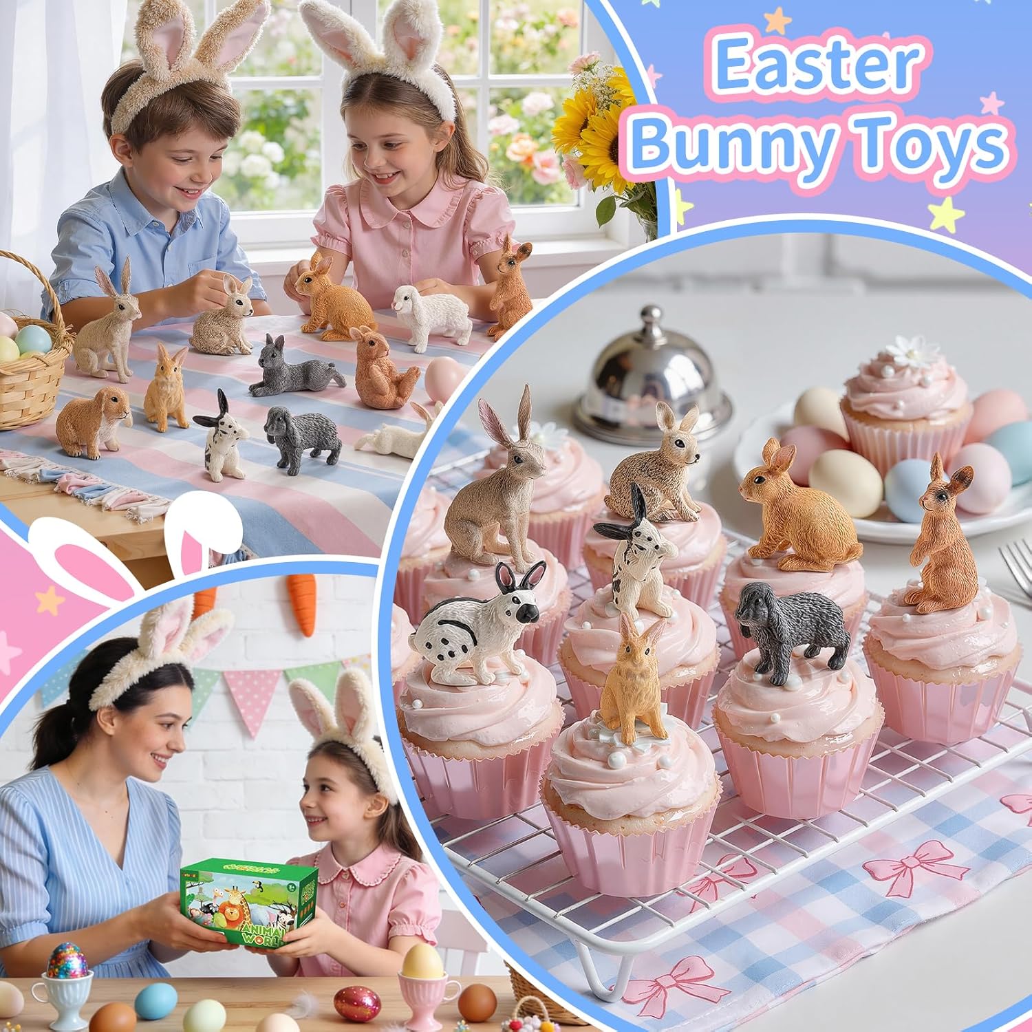 14 PCS Easter Bunny Figurines, Realistic Rabbit Animal Figures Toys for Kids, Cake Toppers, Easter Egg Fillers, Party Favors, Easter Decorations, Spring Decorations for Home