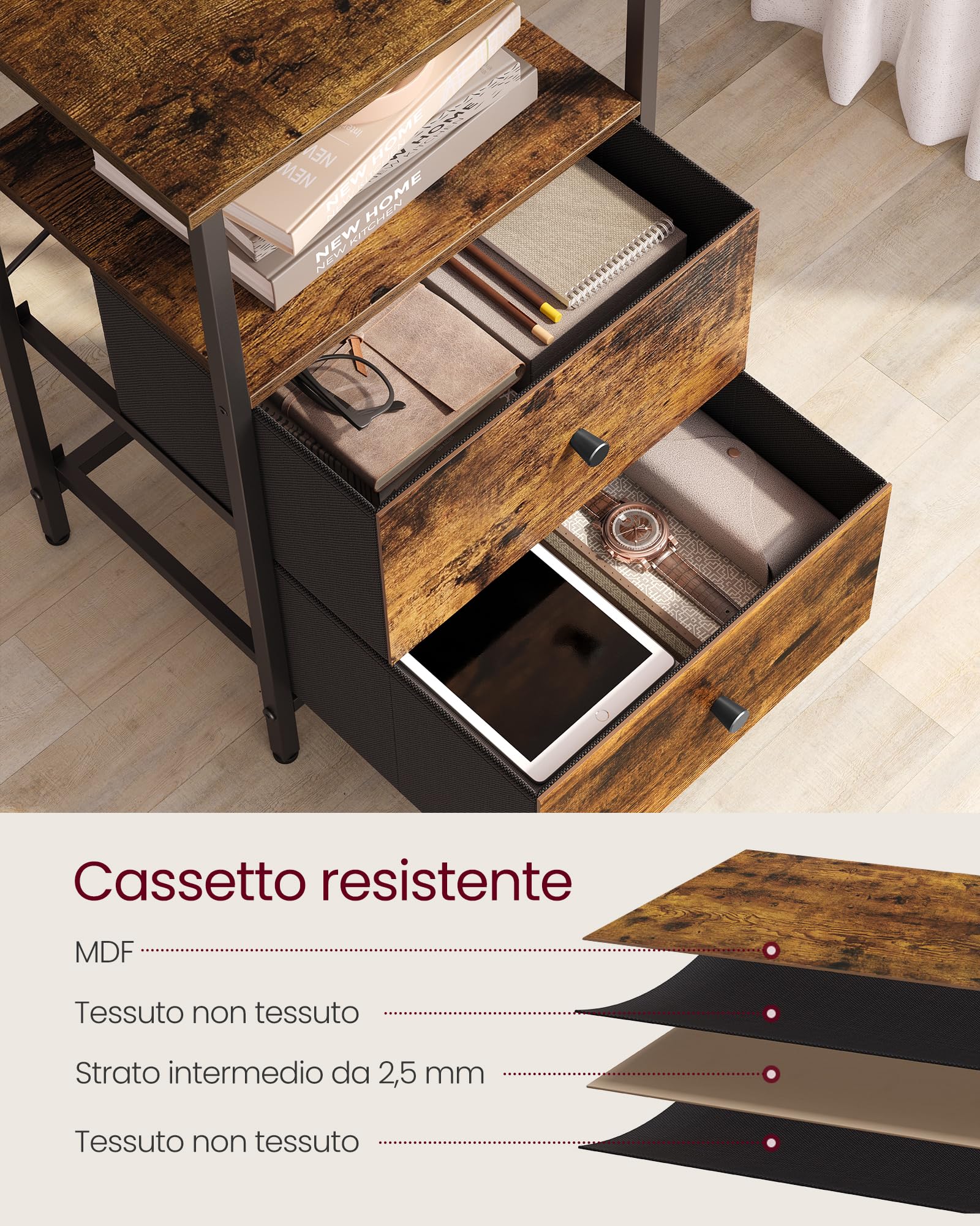 VASAGLE Set di 2 Comodini, Tavolino con 2 Cassetti in Tessuto, Alto 61 cm, con Ripiano Portaoggetti, per Soggiorno Camera da Letto, Marrone Vintage, Inchiostro e Nero Opaco LGS225K01, 38 x 28 x 61 cm