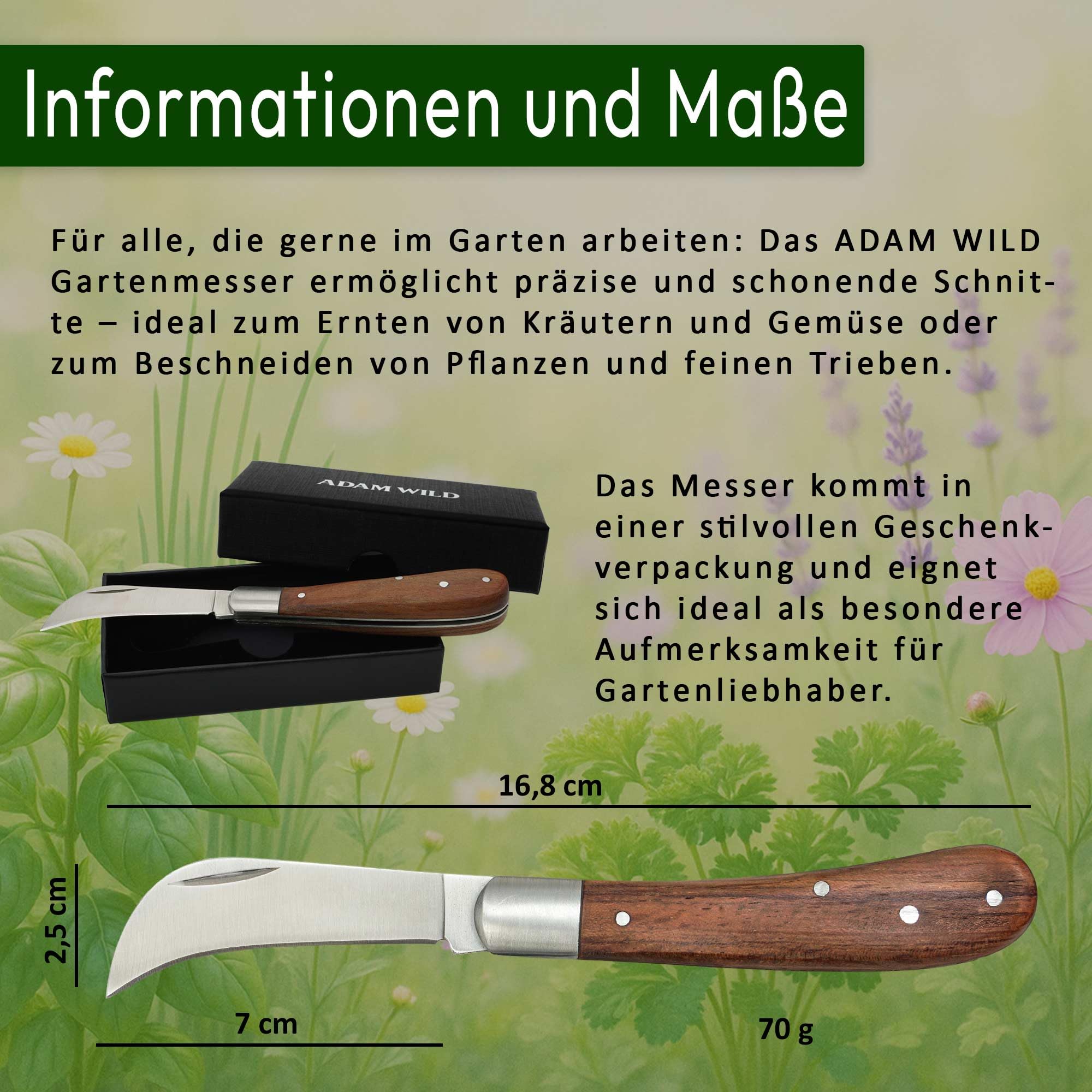 ADAM WILD Gartenmesser mit Gravur | Geschenke für Gärtner & Gartenliebhaber | Personalisiert für Hobbygärtner | gebogene Hippe-Klinge aus Edelstahl | zum Kräuter-, Blumenschnitt & Ernten | Gartenwerkzeug