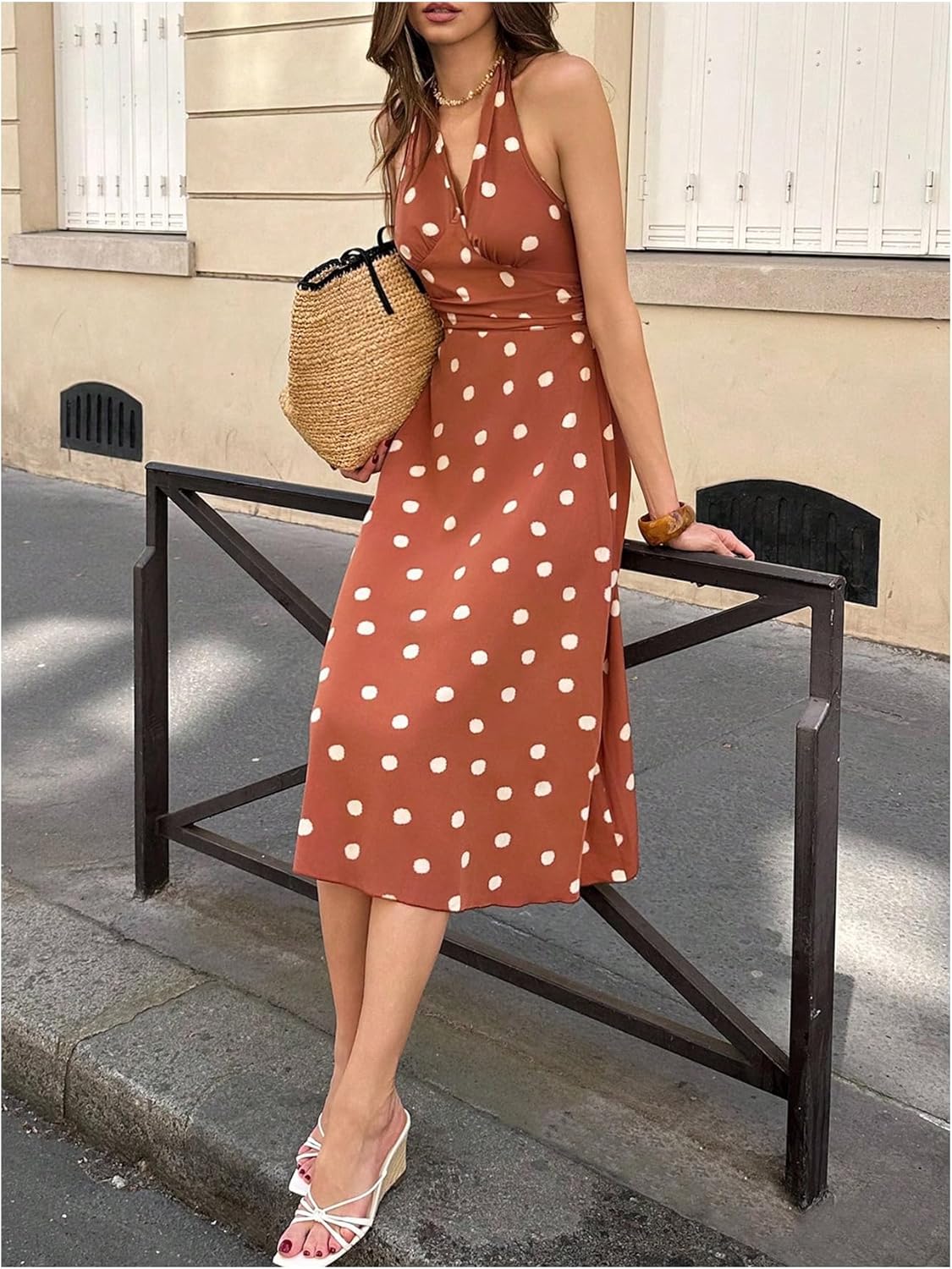 Milumia Women's Polka Dots Halter Midi Dress Tie Back Sleeveless A Line Summer Dresses - Image 5