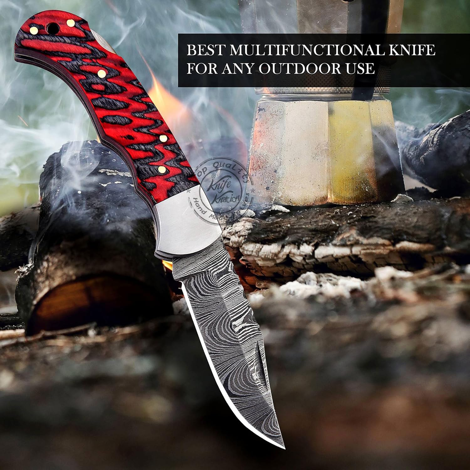 Orange & Black Grooved 6.75'' Handmade Damascus Steel Folding Pocket Knife with Back Lock for EDC, Camping, 100% Prime Quality, KKH-63