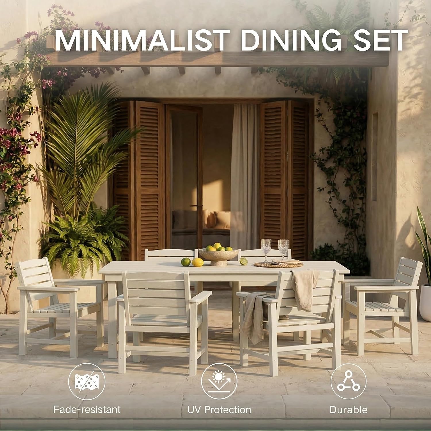 Kingdura 7 Piece Patio Dining Set for 6, HDPE Outdoor Dining Table Set with 2" Umbrella Hole, All Weather Outdoor Furniture, Table and Chairs Set for Backyard Pool Garden Porch, White