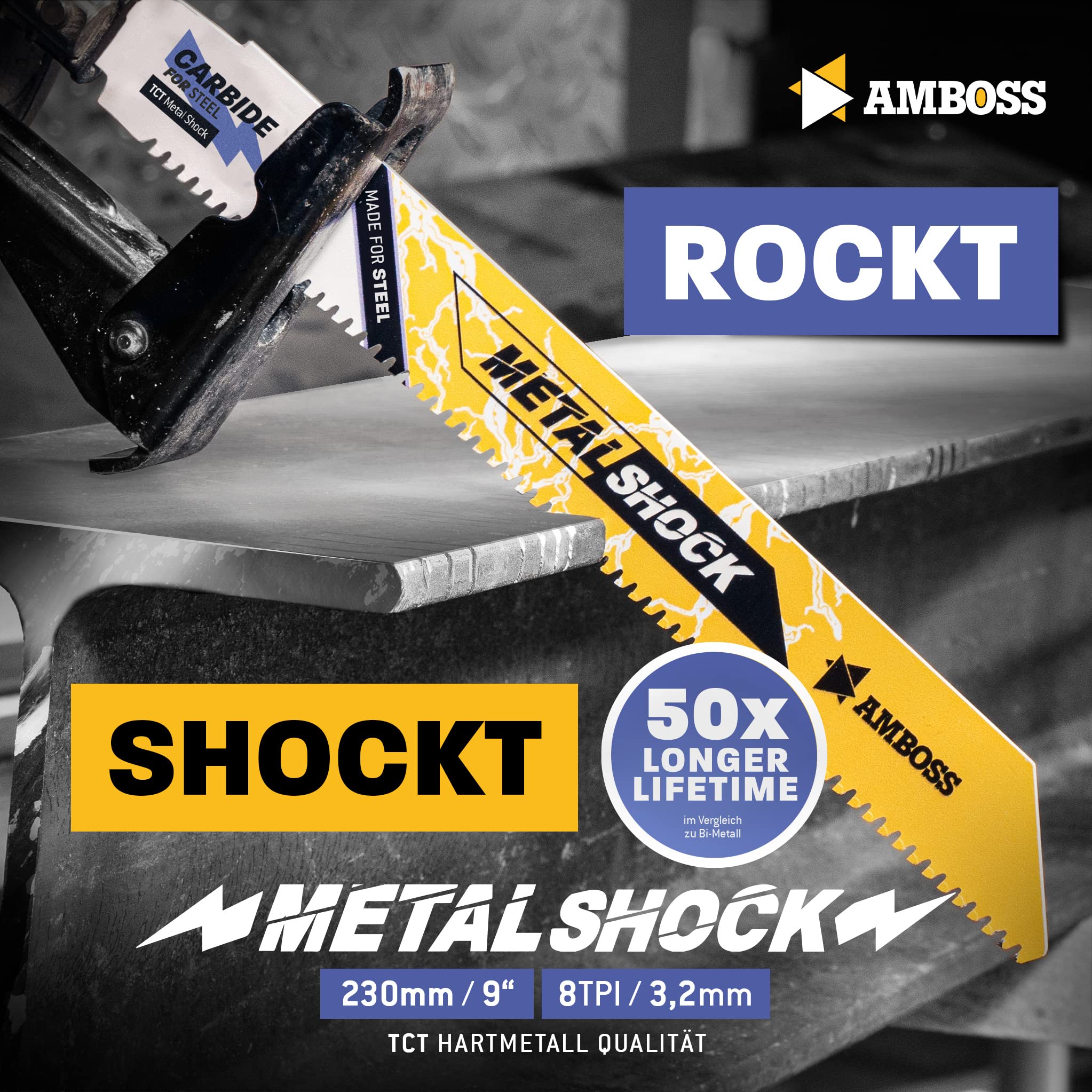 AMBOSS METAL SHOCK - 3x Säbelsägeblatt Länge 230 mm / 8 ZpZ - ideal für Abriss/Fahrzeugrettung/Aufbau/Demontage/Rohrleitungsbau - geeignet für Stahl (Rohre/Profile/Träger) sowie Gussrohre