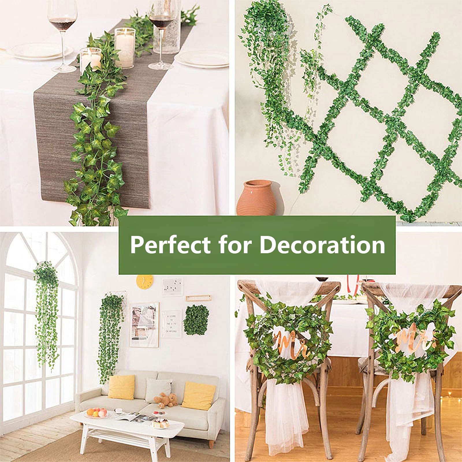 12Pcs x 2m Lierre Plantes Artificiel Guirlande avec 20pcs Attaches Câble Vigne Artificielle Faux Feuillage Intérieur Exterieur Retombant Decoration pour Chambre Balcon Jardin Bureau Fête