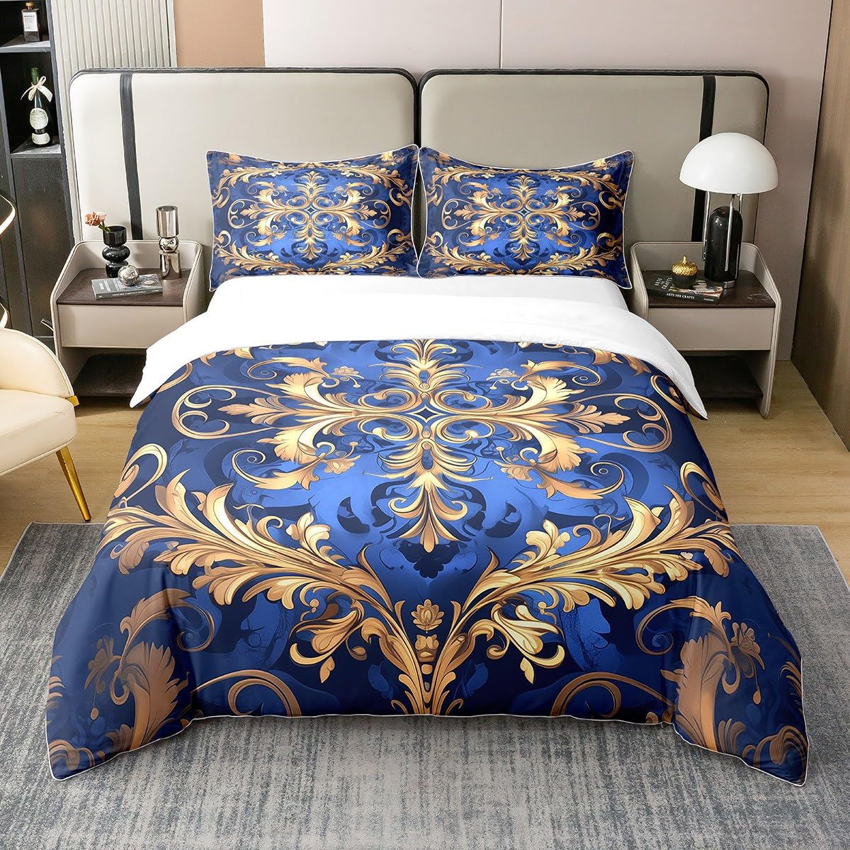 Goldene Damast 100% Bio-Baumwolle Bettbezug, Exotische Floral Druck Tröster Bezug für Mann Frau, Antike Barock Bettwäsche Set, Boho Blumen Bettbezug 135x200