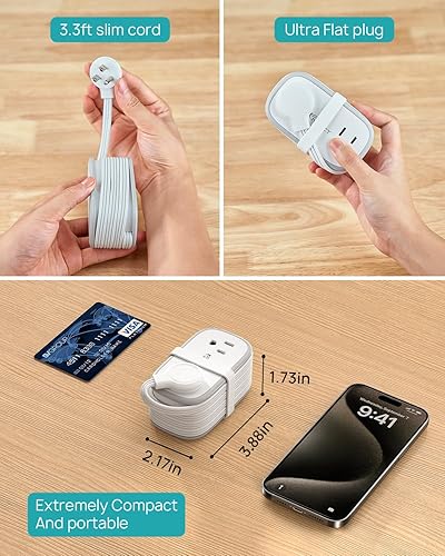 Miniatura 5 de Regleta de alimentación de viaje, cable de extensión de enchufe plano envuelto de 3.3 pies con 4 tomas de corriente, 4 puertos USB (2 USB C),