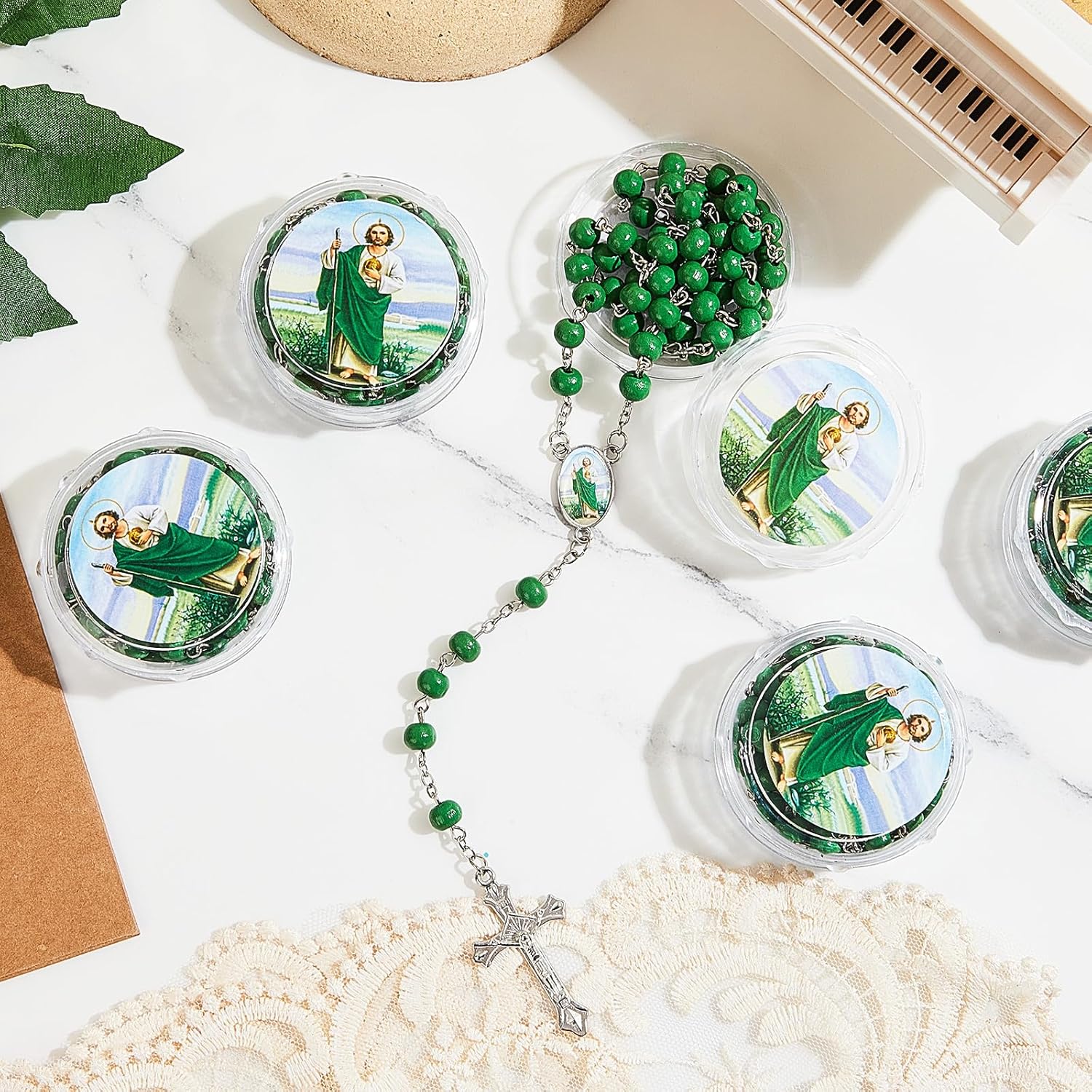 Bucherry 24 Pcs Saint Jude Green Scented Rosary Necklace Baptism Party Favor Catholic Gift with Box Saint Jude Rosary Bead Holy Prayer Necklace with Crucifix Cross - Image 5