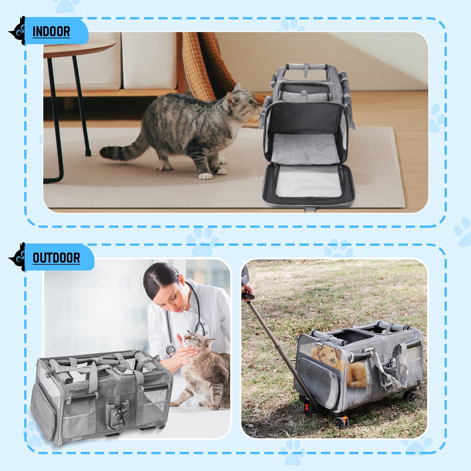 Extra große Haustiertrage mit Zwei Fächern und Rollen für Katze/Hund, Abnehmbarer Faltbar Katzentransportbox für 2 Katzen bis 20kg, Belüftetes Katzen Kucksack Groß für Reisen
