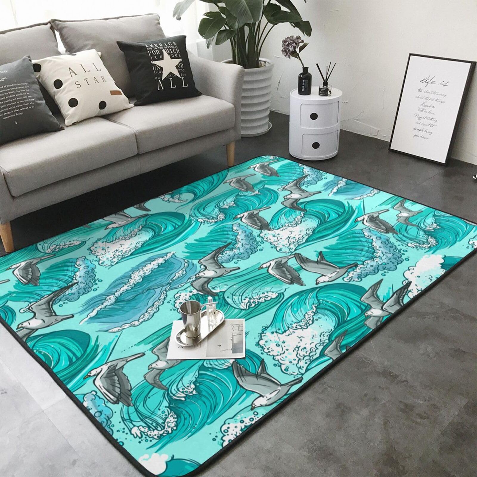 Onde Schizzo Gabbiano Uccelli, Tappeto grande antiscivolo per soggiorno e camera da letto, 208 x 148 cm.