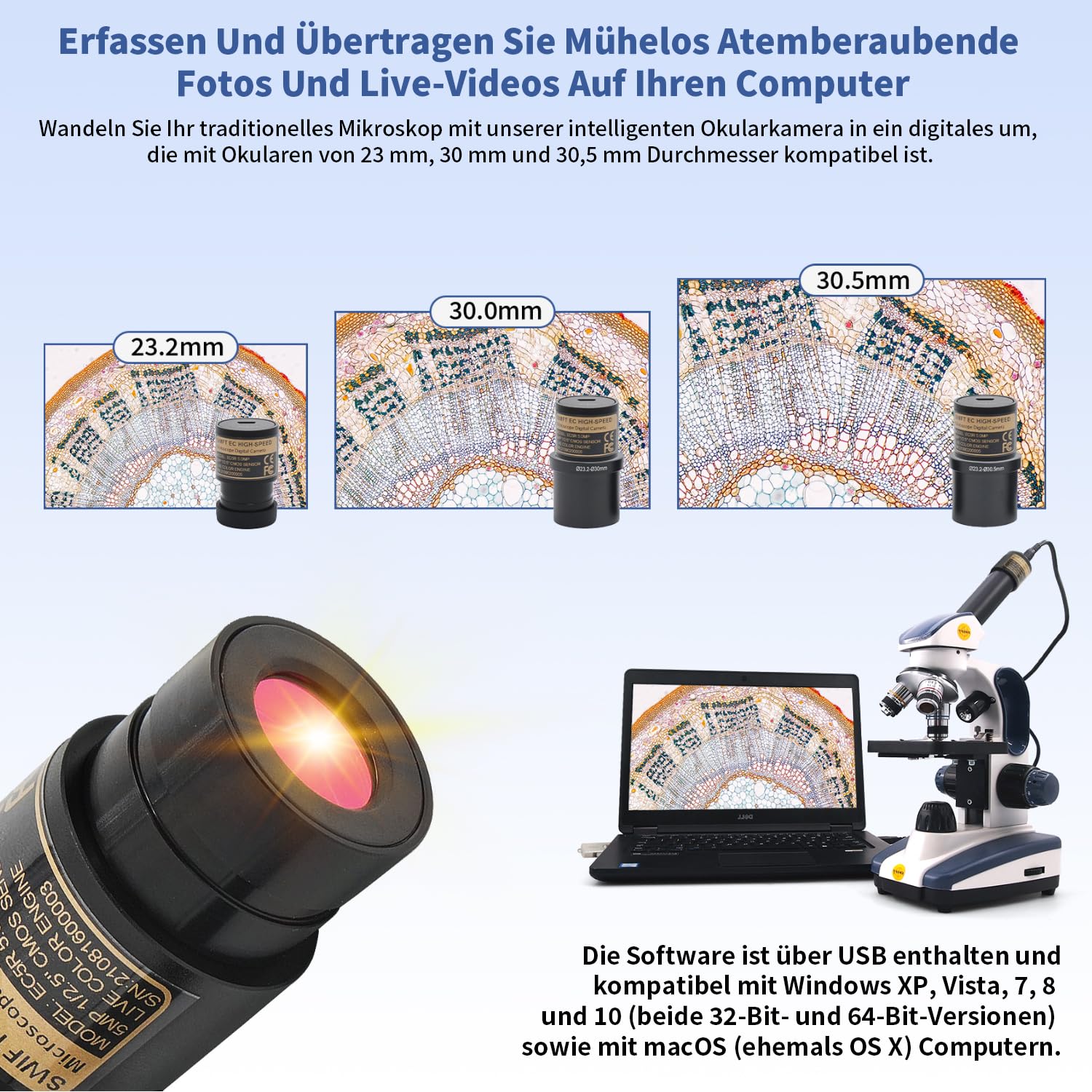SWIFT EC5R Digitale 5,0-Megapixel-Mikroskop Kamera für Farbfotografie und Video, Okularhalterung, USB 2.0-Anschluss, Windows- und Mac-kompatibel