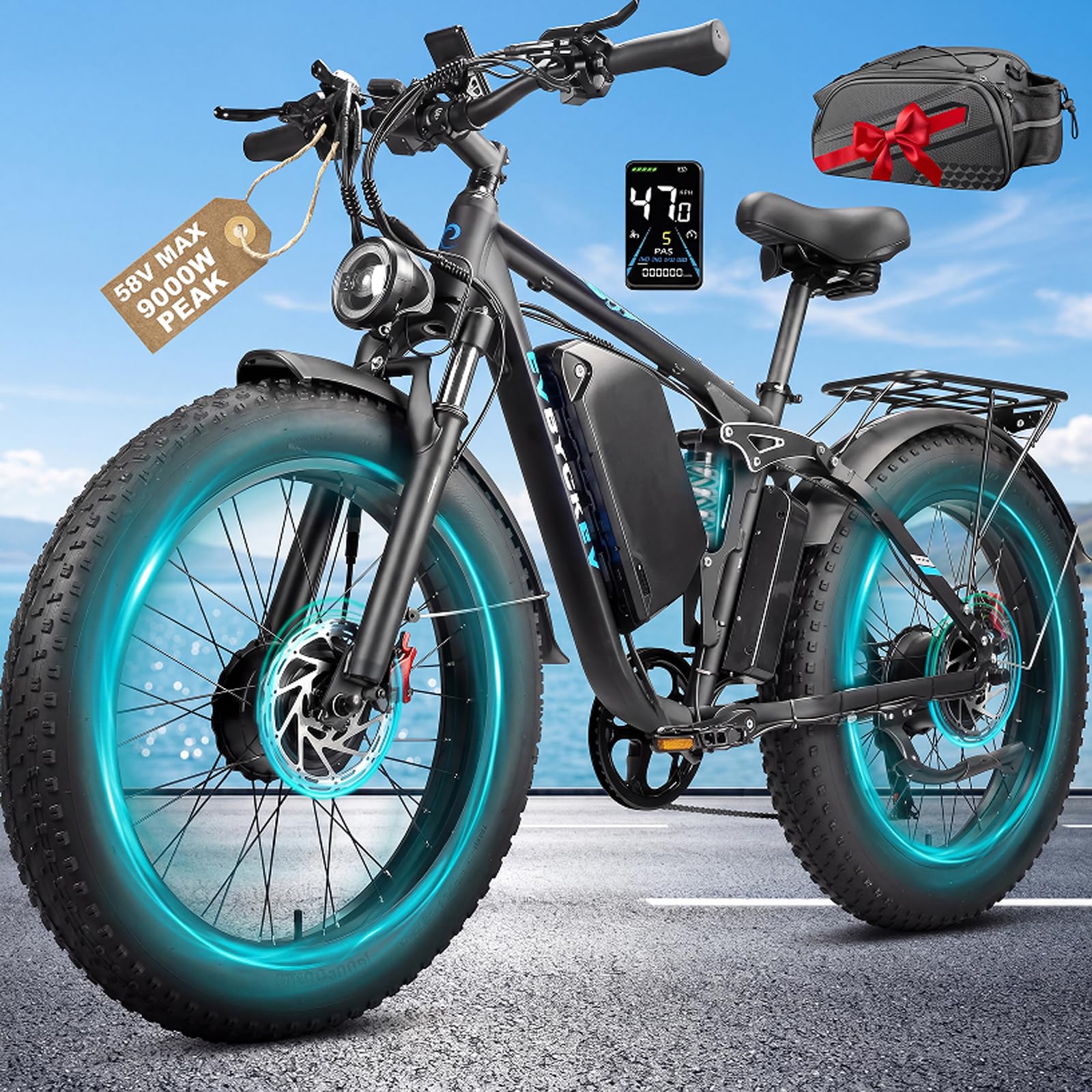 9000W Peak Dual Motor Ebike for Adults 47 MPH Fast Electric Bike, 58V Max 1972 Wh Up to 105 Miles Ebikes,24" Fat Tire E-Bike,Full Suspension Electric Bicycle for Mountain Commuter Snow