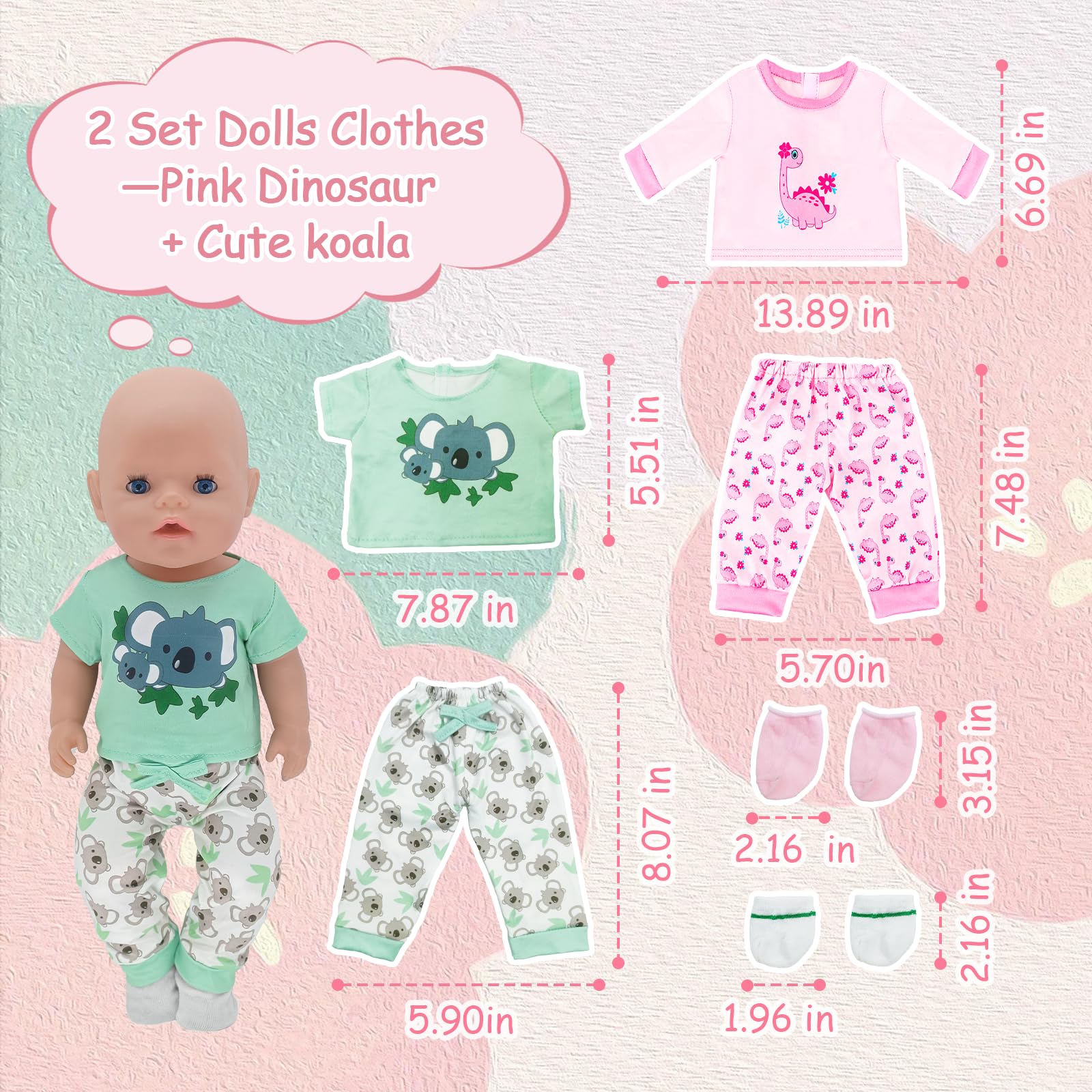 Ropa De Muñeca Para Muñecas De 35 A 45 Cm – 2 Conjuntos Con Diseños De Dinosaurio Y Koala, Incluye Top, Pantalón Y Calcetines A Juego, Cierre Autoadhesivo Y Elástico, Regalo Perfecto