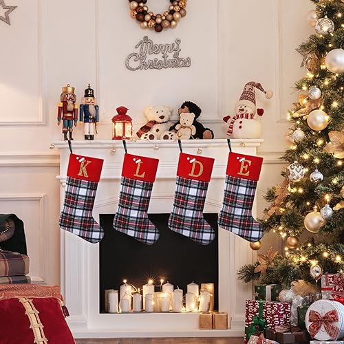 Miniatura 6 de Yehnois Calcetines de Navidad personalizados con monograma inicial, adornos colgantes, medias clásicas de cuadros negros de 19 pulgadas,