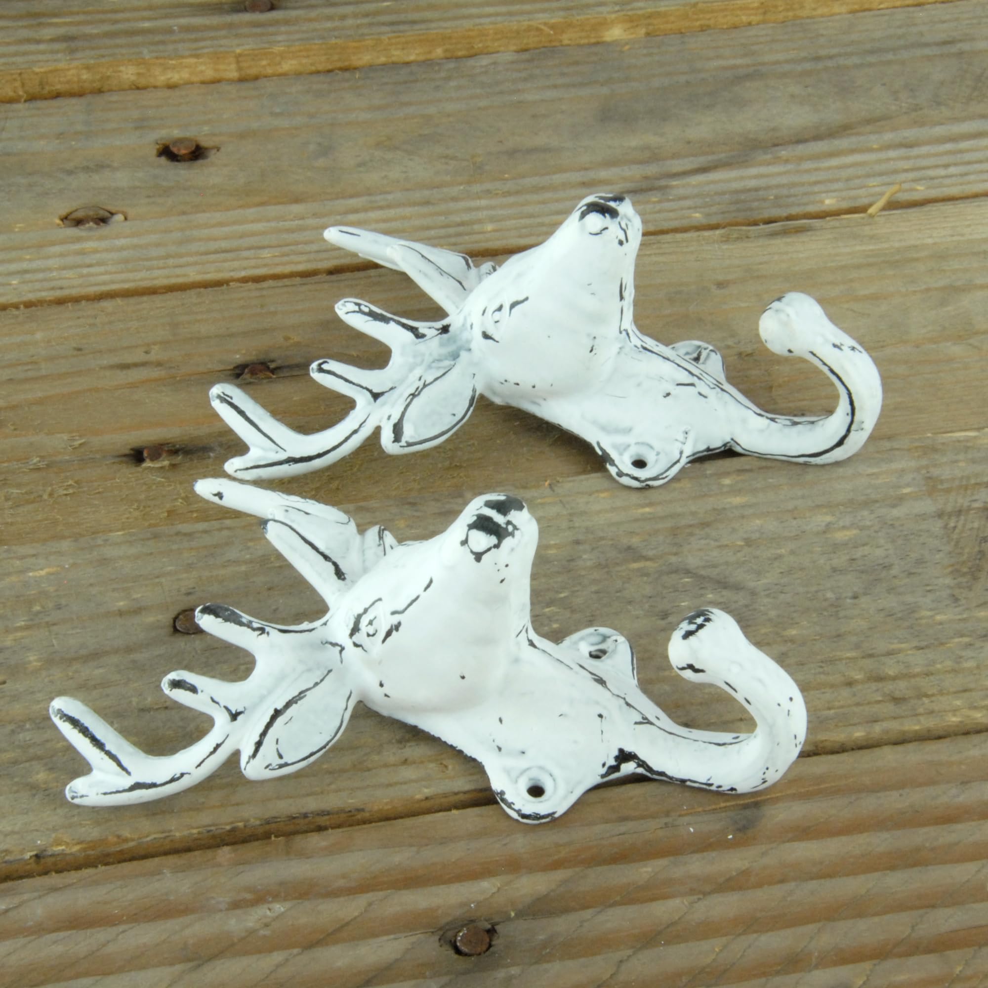 Jones & Grey Distressed Aged White A Set Of 2 White Stags Head Wall Hooks Coat Rack Hangers Cast Iron