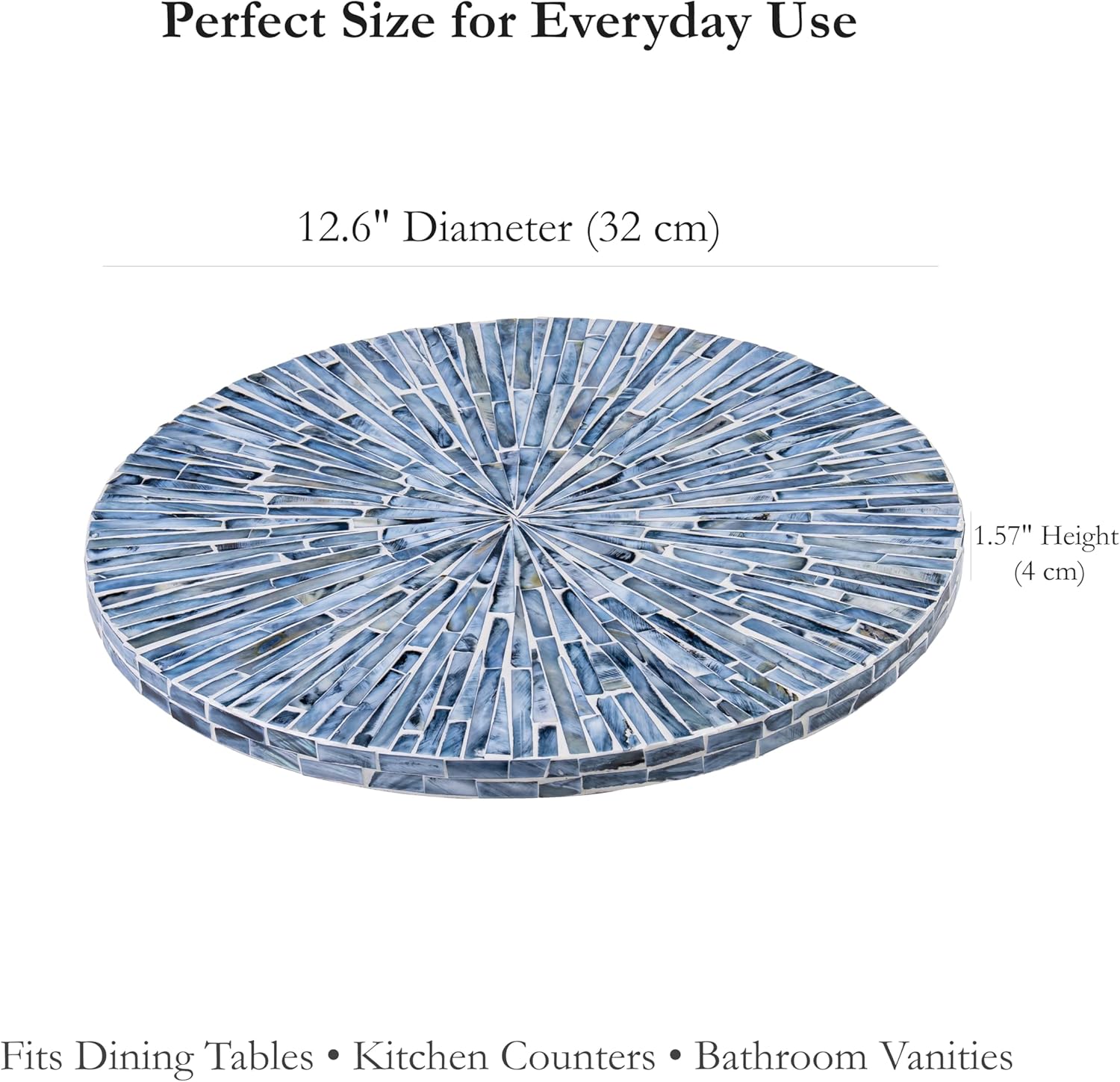 PEMAR 12.6” Handcrafted Mother of Pearl / Capiz Shell Lazy Susan–Rotating Centerpiece for Dining Table, Elegant Beach House & Farmhouse Home Décor, Luxury Hostess & Housewarming Gift, Blue Starburst