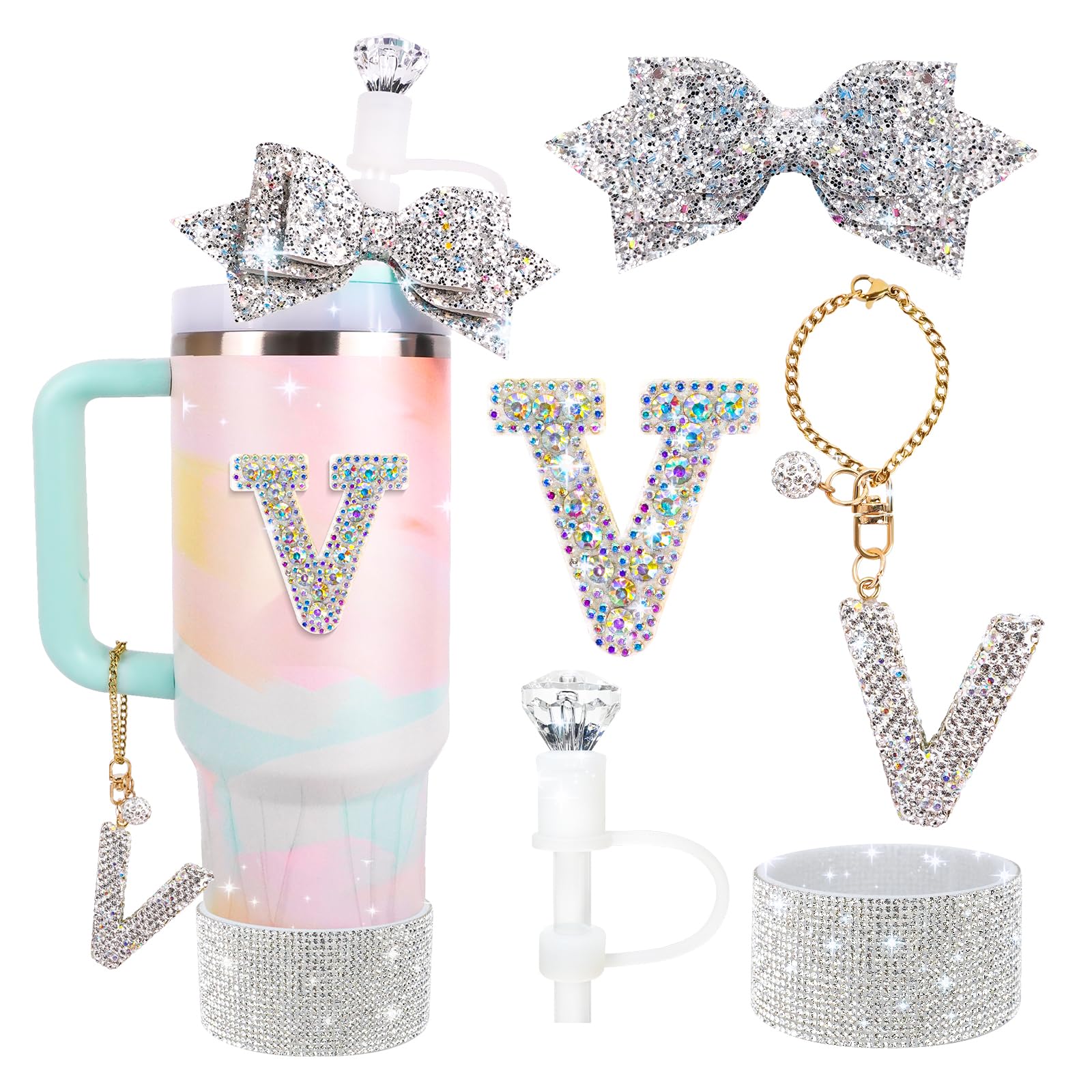 Lingdeer Water Bottle Accessories Set for Stanley Cup 30Oz 40Oz, Letter Charms, Diamond Straw Cover, Glitter Silicone Boot Sticker, Bow Straw Topper
