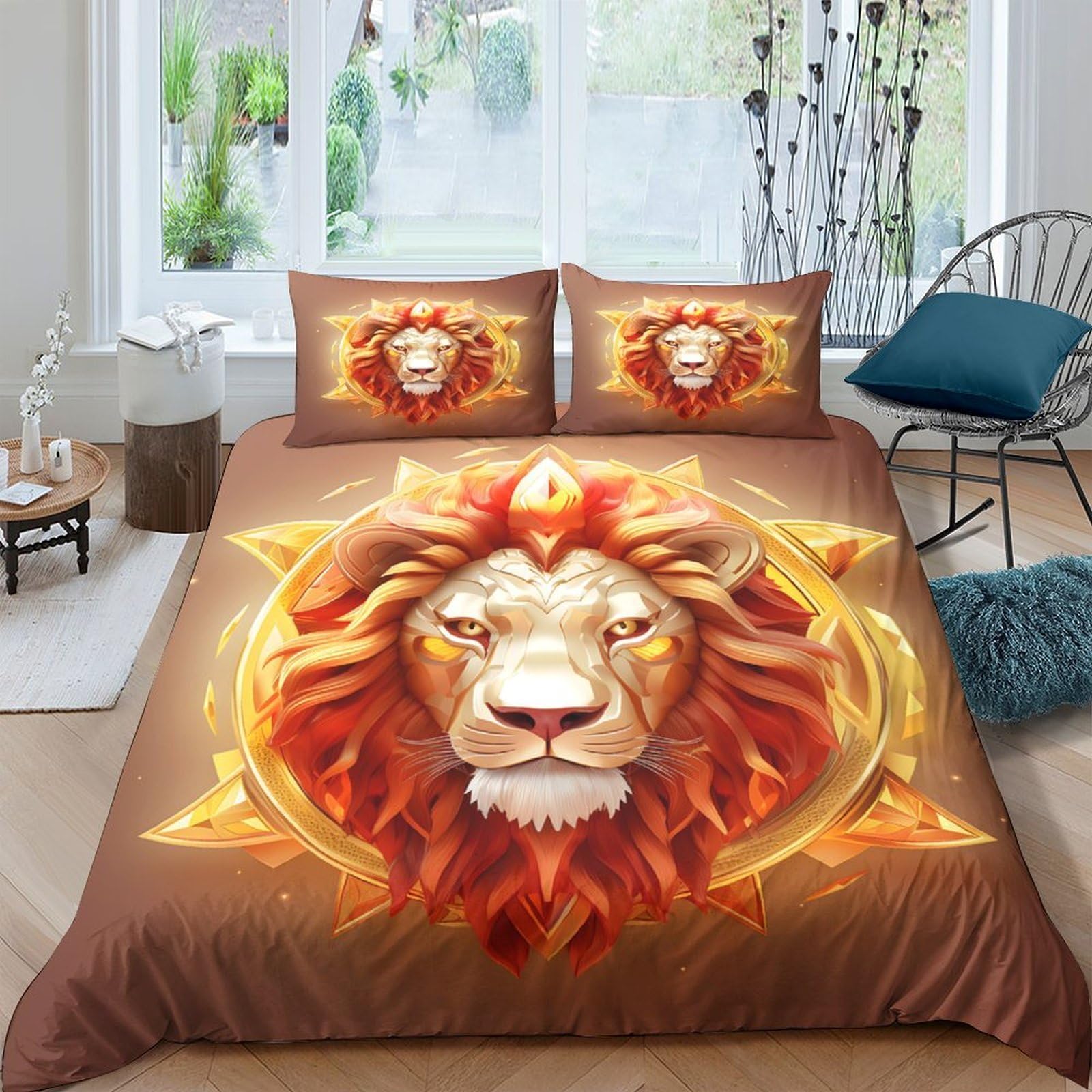 3D Printed Lion King Duvet Cover Microfiber Soft Breathable Sun Emblem Bedding Set with 2 Pillowcases for Bedroom Single（135x200cm）