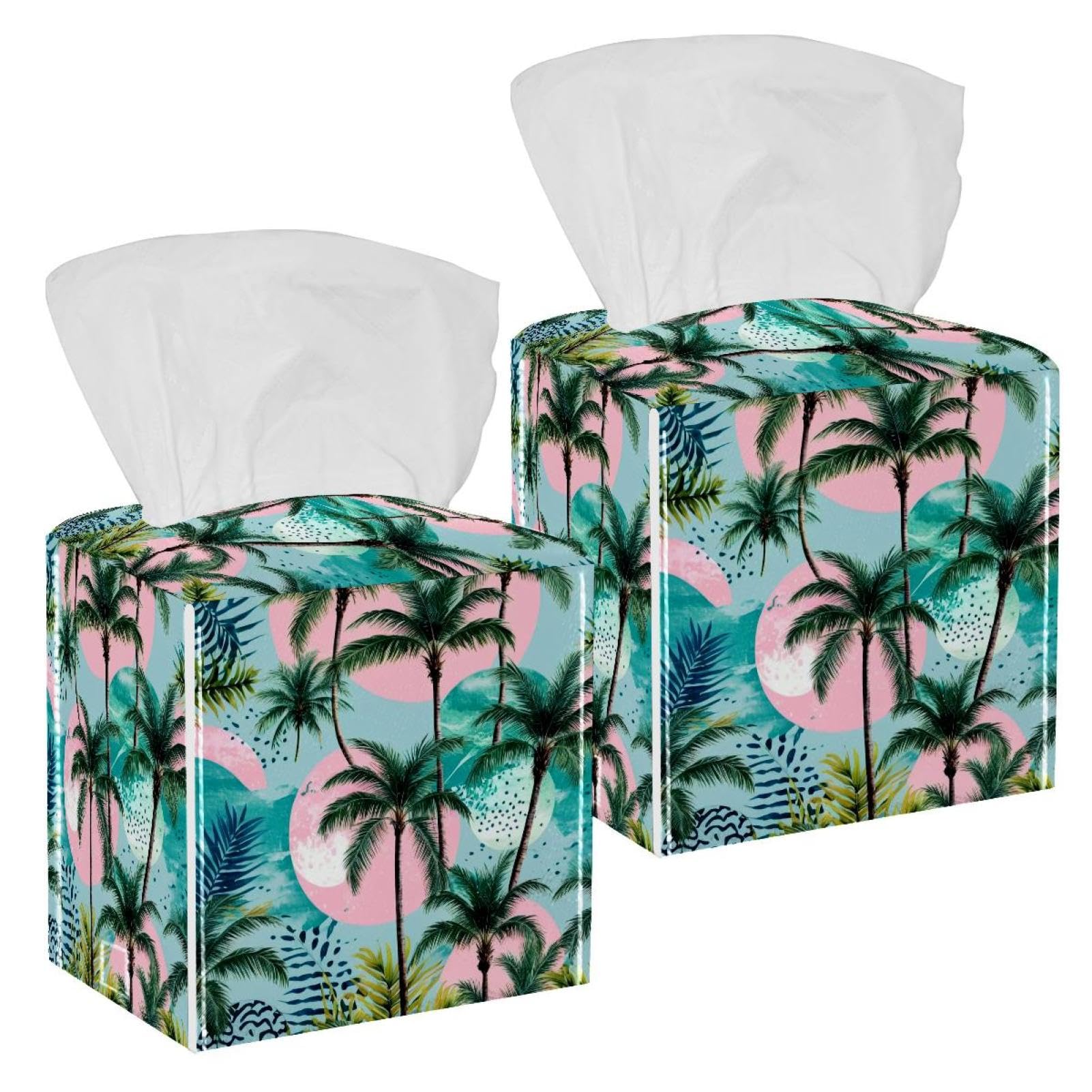 Coconut Tree Tissue Box Cover, 2 Pack PU Leather Square Facial Tissue Dispenser Box holder for Home Office Car