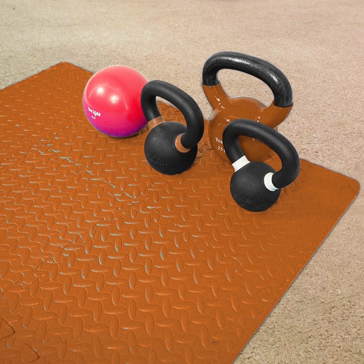 GSQUARE Fitness Puzzle Mat, Gym Floor Mat, Exercise Mat, EVA Foam Interlocking Tiles, Protective Flooring for Gym Equipment and Workouts, 12mm Extra Thick (Brown, 4pcs - 16 Square Feet) 3