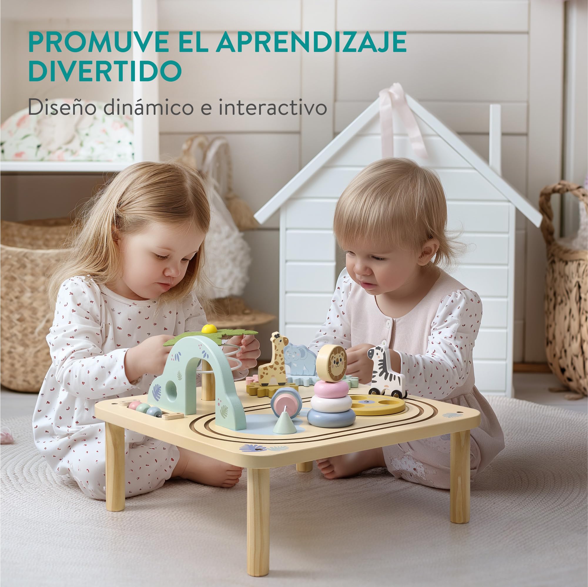 Navaris Mesa de Actividades Madera - Mesa Infantil de Juegos para Niños +44,5 cm Altura - Mesa Interactiva Bebe - Mesa Sensorial de 45 x 30 cm para Jugar - Mesa de Actividad Bebe