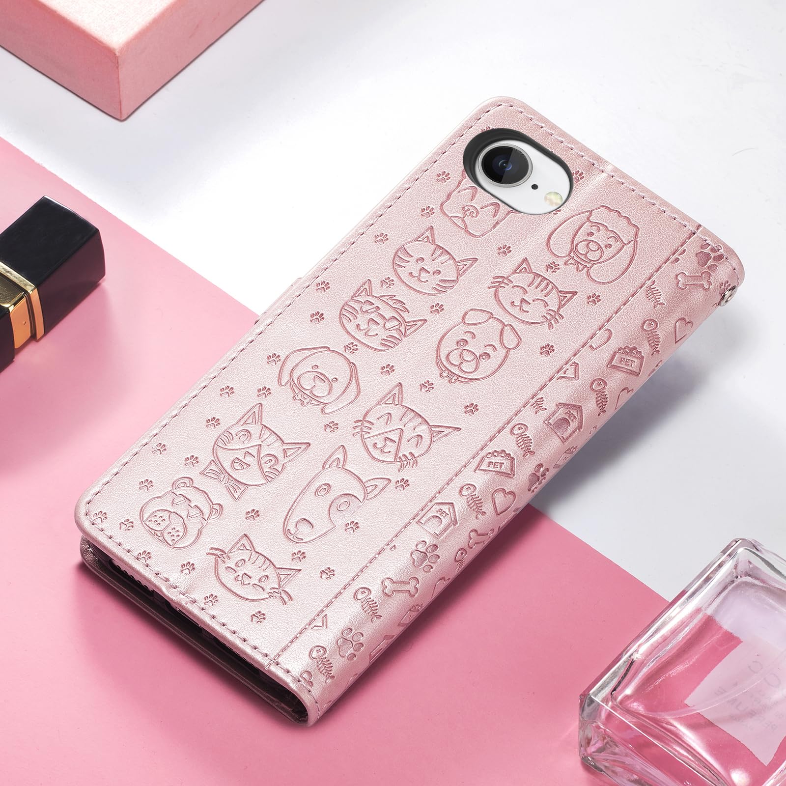 Etui na iPhone'a 17e, skórzany portfel premium z wytłoczonym wzorem uroczego kota psa [przegródki na karty] [podpórka] [wewnętrzna powłoka TPU] etui z klapką, różowe złoto