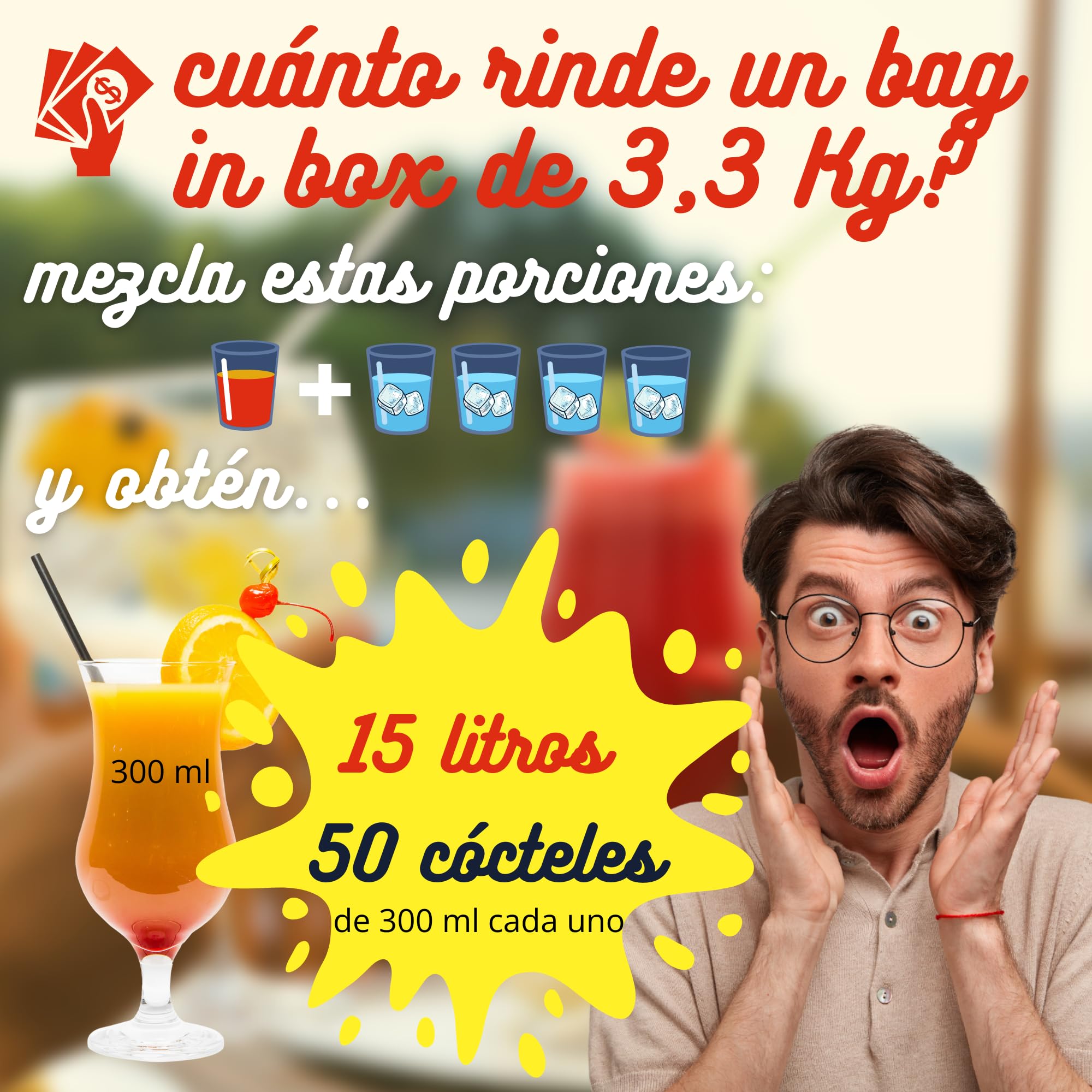 Concentrado Cóctel Sex On The Beach Bag en Box 3,3 Kg (3L) 28% Vol. Rinde 15L o más de 50 vasos diluído en Agua y Hielo. Un Cocktail Más Rentable y Rápido en Menos Espacio. Por Destilerías Riojanas