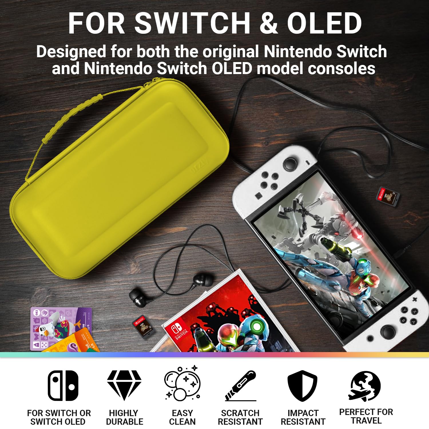 Orzly Custodia da trasporto compatibile con Nintendo Switch e New Switch Console OLED - gialla Custodia protettiva da viaggio portatile rigida Custodia a conchiglia con tasche per accessori e giochi
