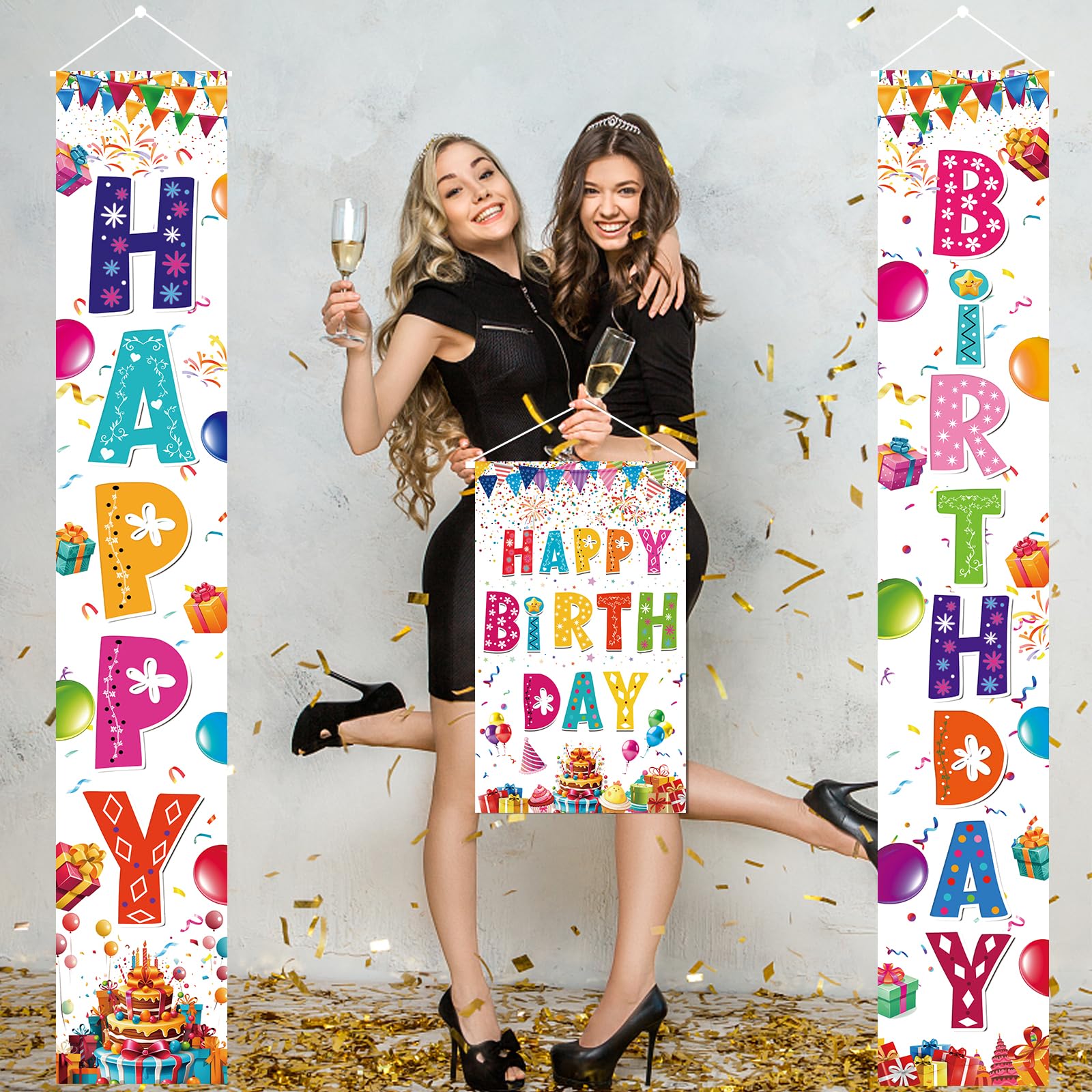 AiFaoobs 3 PCS Colorful Happy Birthday Banner Door Porch Sign Photography White Background Party Supplies for Kids Boys Girls Birthday Party Supplies