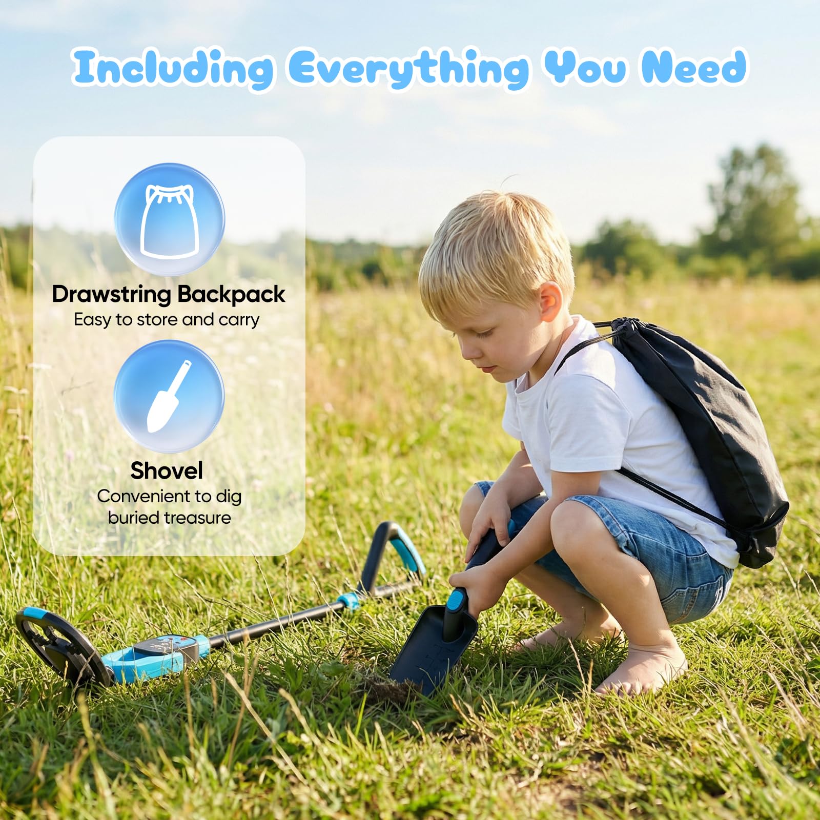 Metal Detector Bambini, Metal Detector per Bambino con Asta Regolabile 72–83 cm, Display LCD, Bobina di Ricerca Impermeabile, Ad Alta Sensibilità Metal Detector per Bambini con Borsa Pala