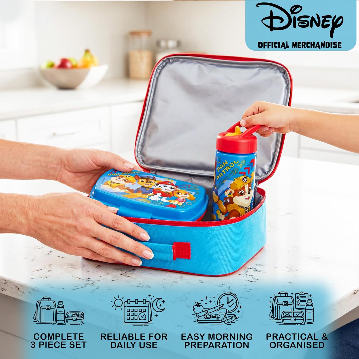 Get Trend Paw Patrol Kids Insulated Lunch Bag 3Pc Set with Reusable Lunch Box & 14.2-oz BPA-Free Water Bottle, Lightweight with Carry Handle & Name Card Window, Gifts for Girls (Blue Paw Patrol)