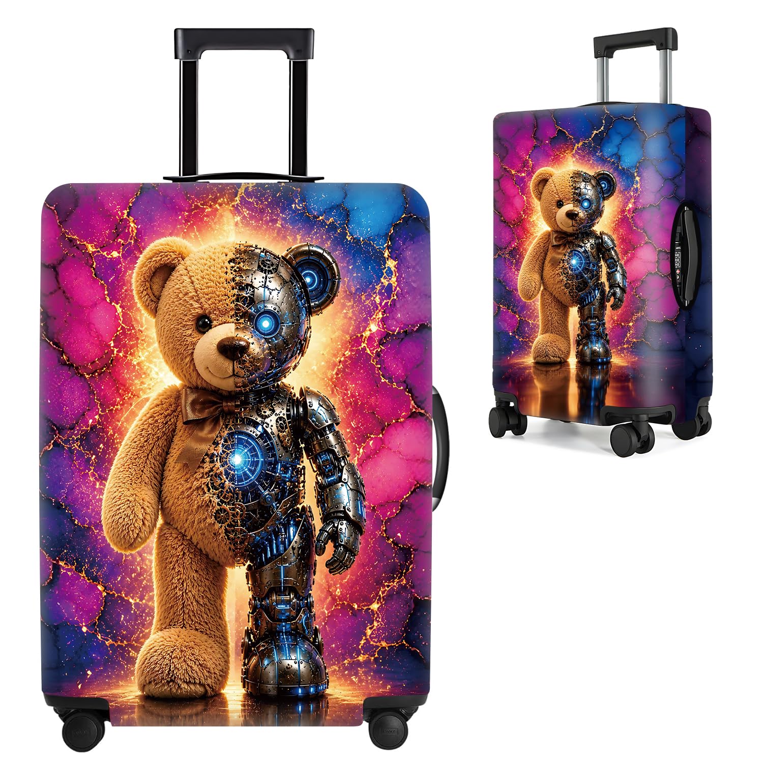 Cyberpunk Mech Teddy Bear Luggage Cover Protective Suitcase Protector, Elastic Washable Travel Baggage Cover Fits 24-26 Inch Suitcase, Cool Robotic Bear Design for Men Women,M