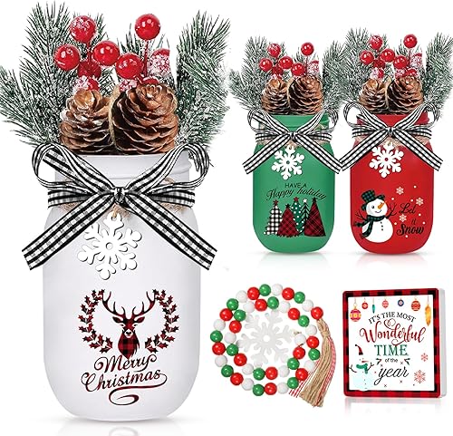 Gerrii 3 piezas de tarro de masón, decoración de mesa de cocina, decoración de plantas falsas, guirnalda de cuentas de madera, letrero de madera