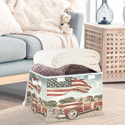 Miniatura 3 de CaTaKu Contenedores de almacenamiento de la bandera estadounidense de camión rojo con tapas y asas contenedor de almacenamiento grande de tela con